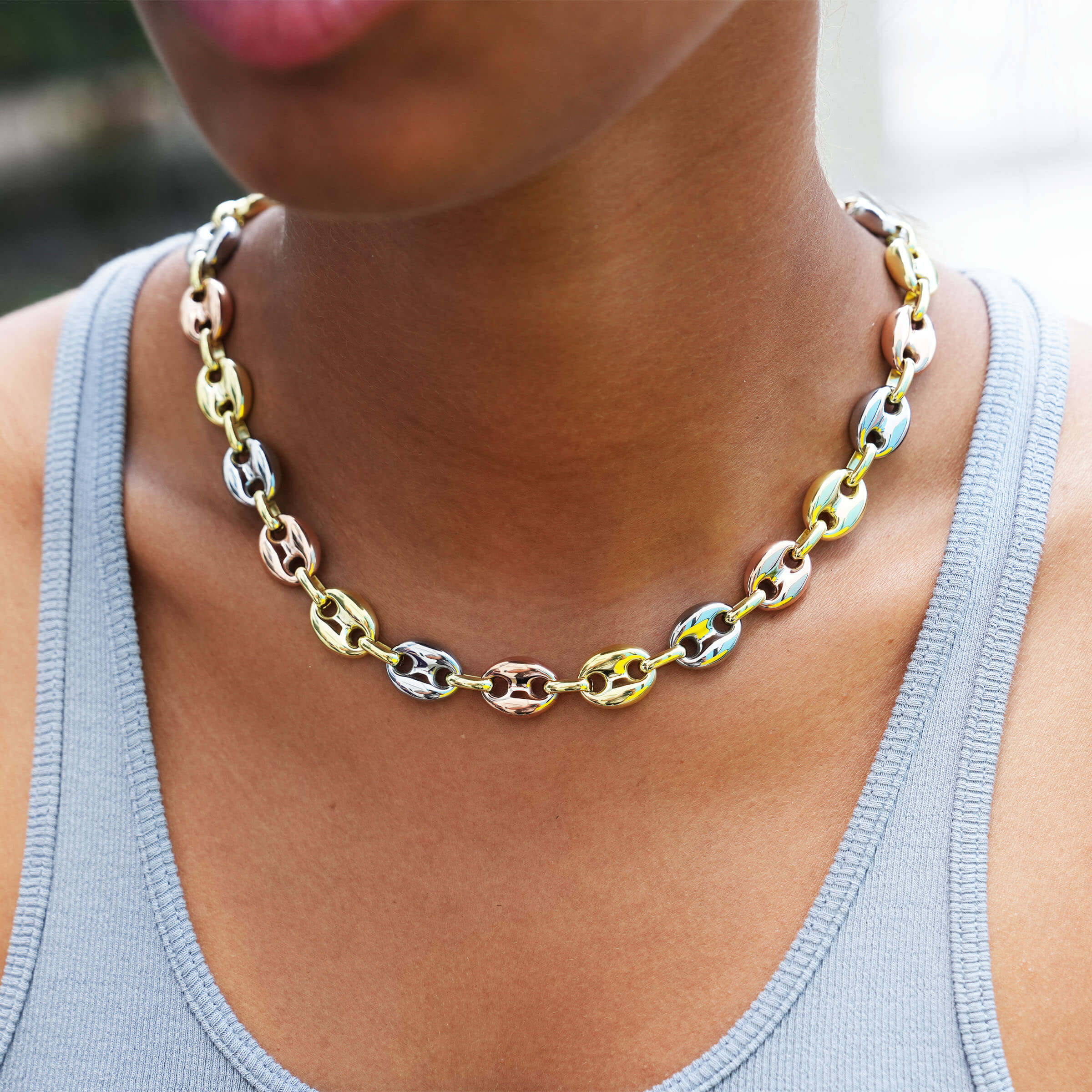GLD Women Puffed Mariner Chain Necklace in Yellow, Rose, and White Gold - 12 mm