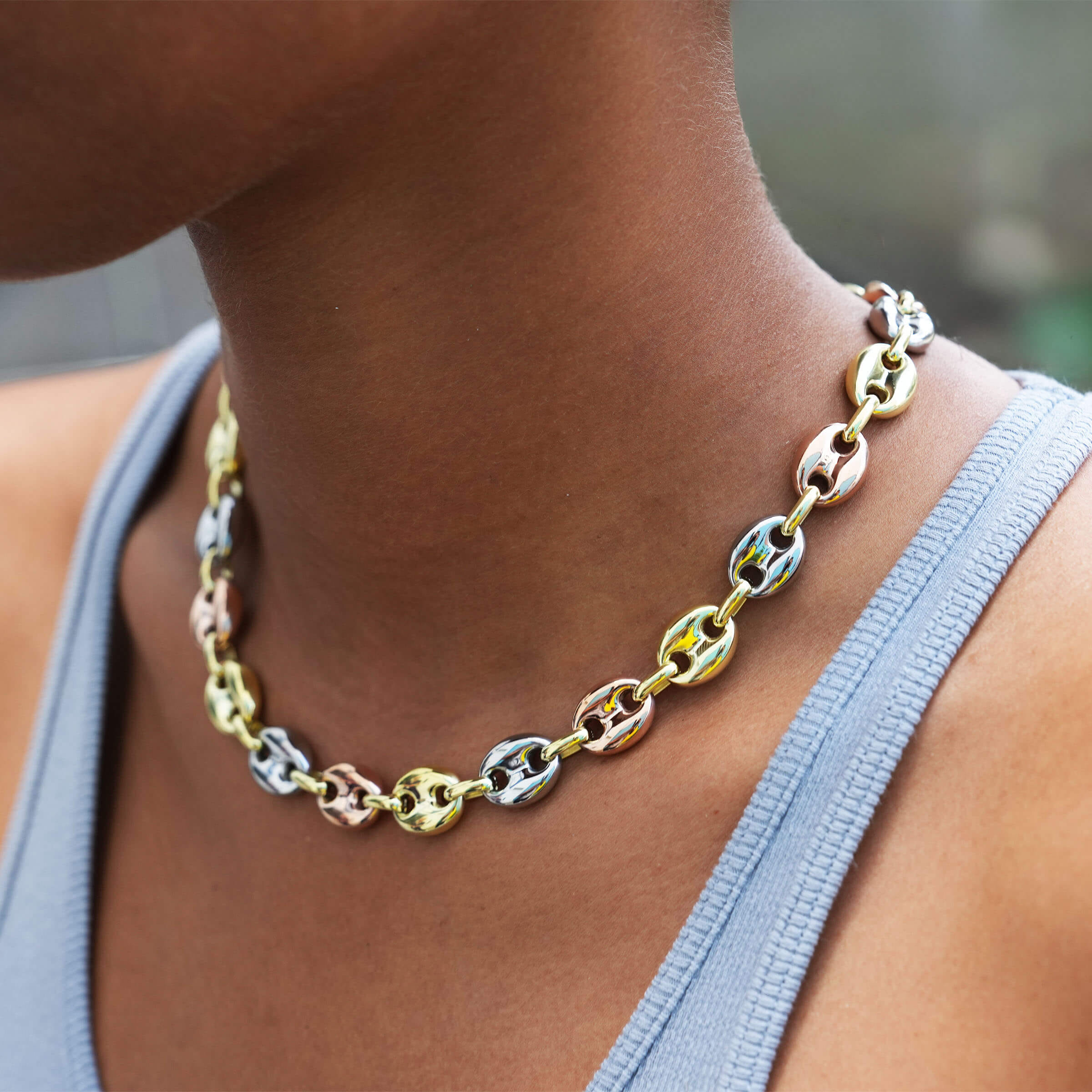 GLD Women Puffed Mariner Chain Necklace in Yellow, Rose, and White Gold - 12 mm