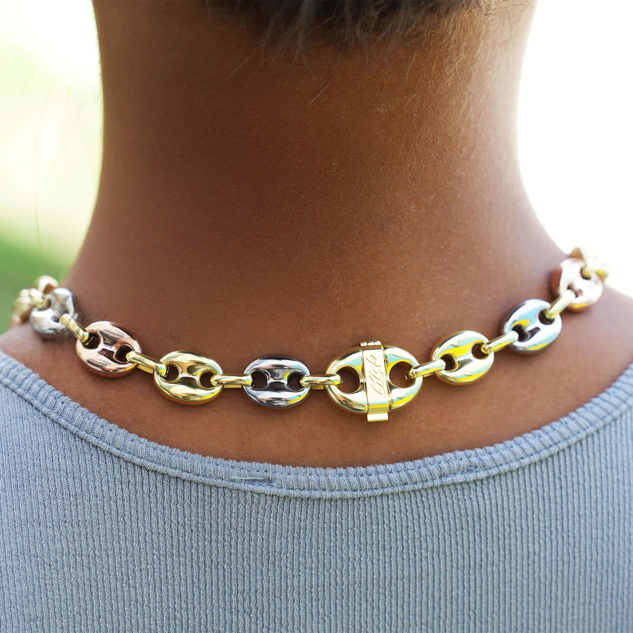 GLD Women Puffed Mariner Chain Necklace in Yellow, Rose, and White Gold - 12 mm