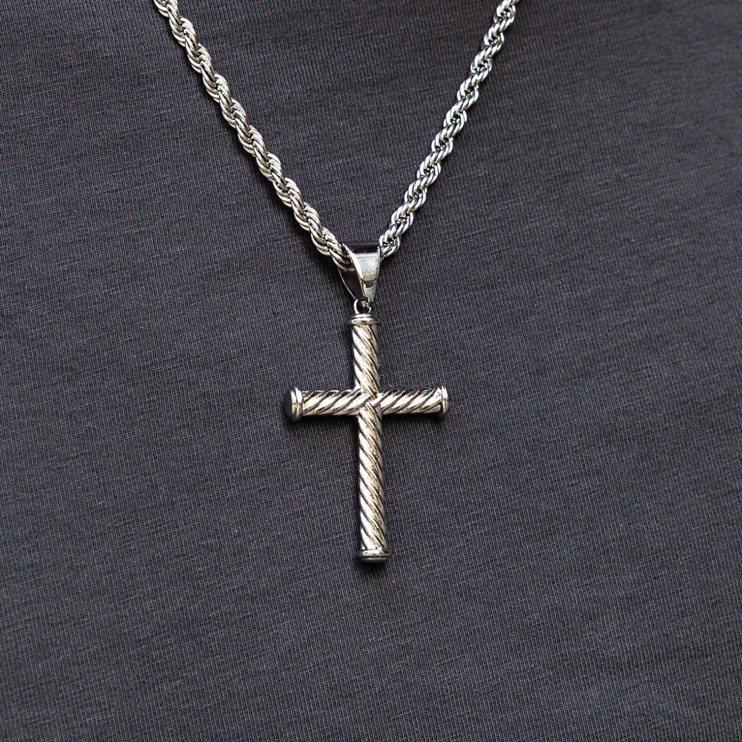 GLD Men Twisted Rope Cross Pendant in White Gold