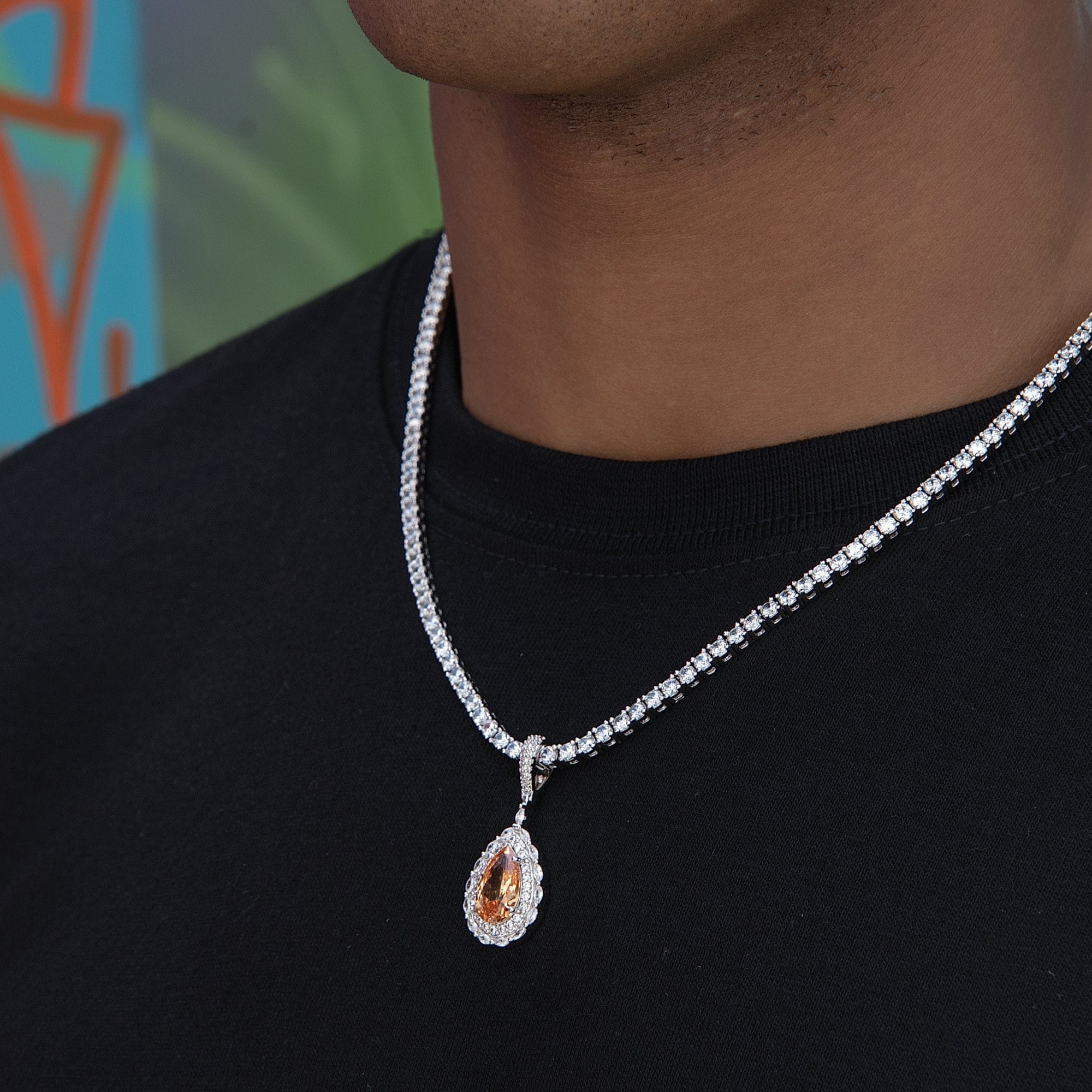 GLD Men Micro Iced Teardrop Rock Pendant in White Gold