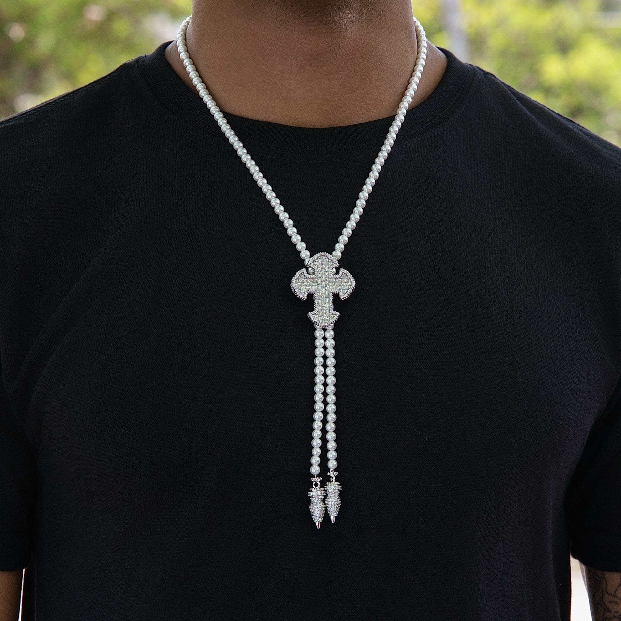 GLD Men Iced Cross Pearl Bolo Chain in White Gold