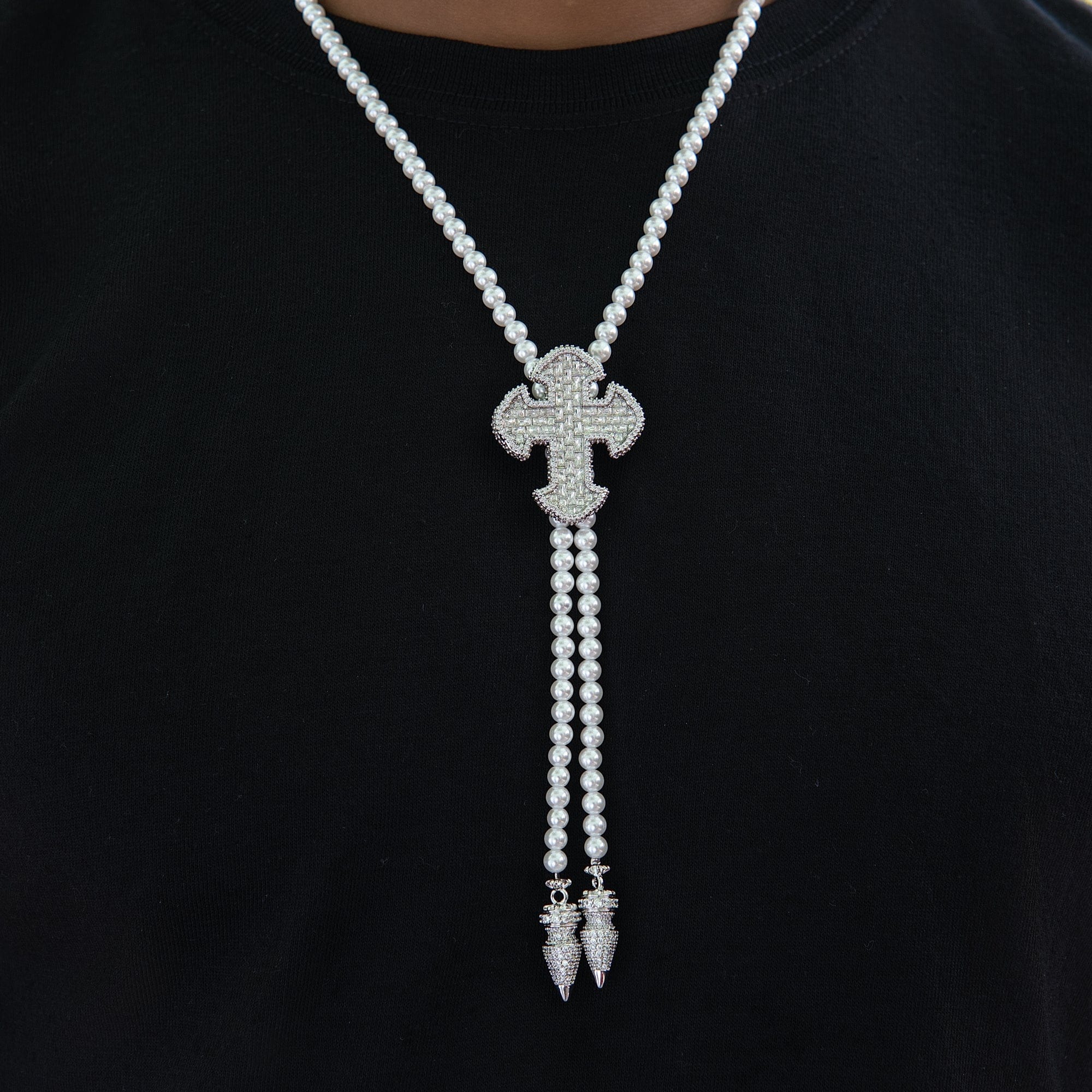 GLD Men Iced Cross Pearl Bolo Chain in White Gold