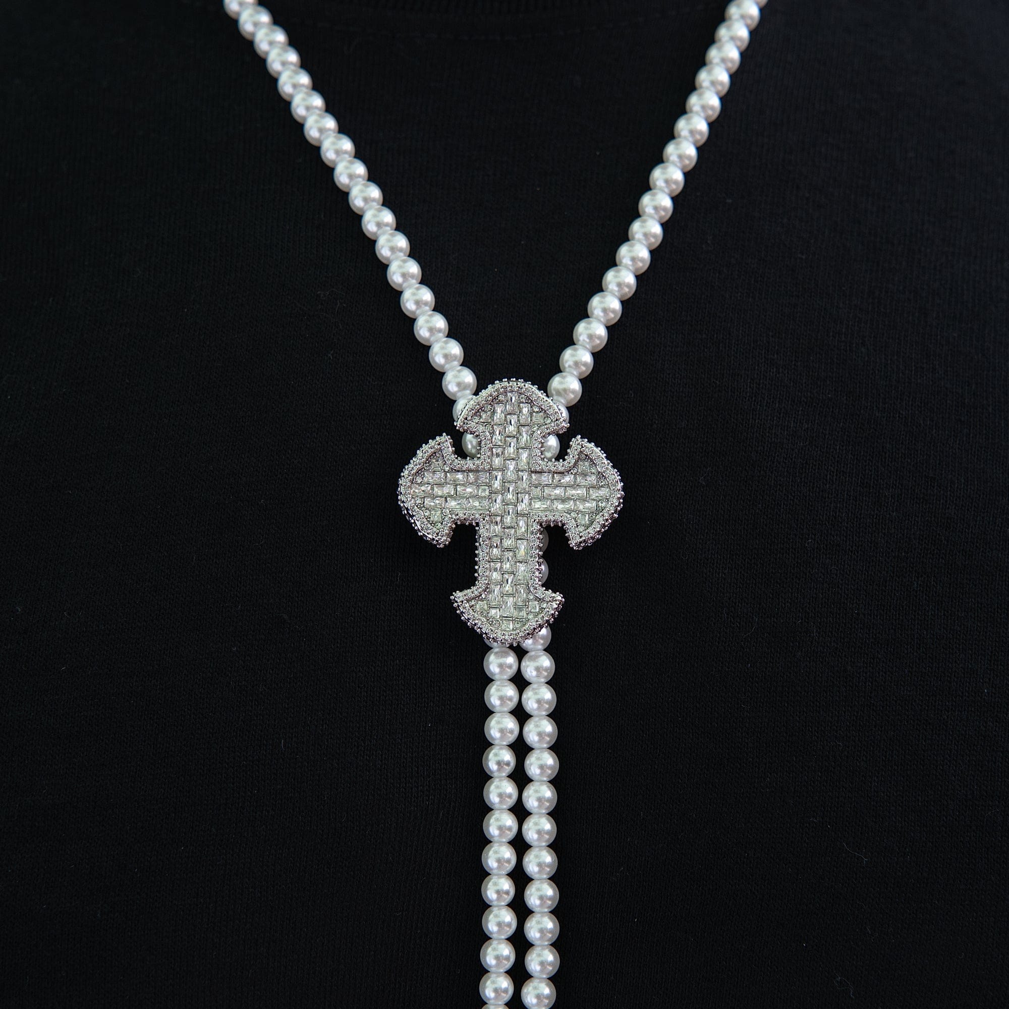 GLD Men Iced Cross Pearl Bolo Chain in White Gold
