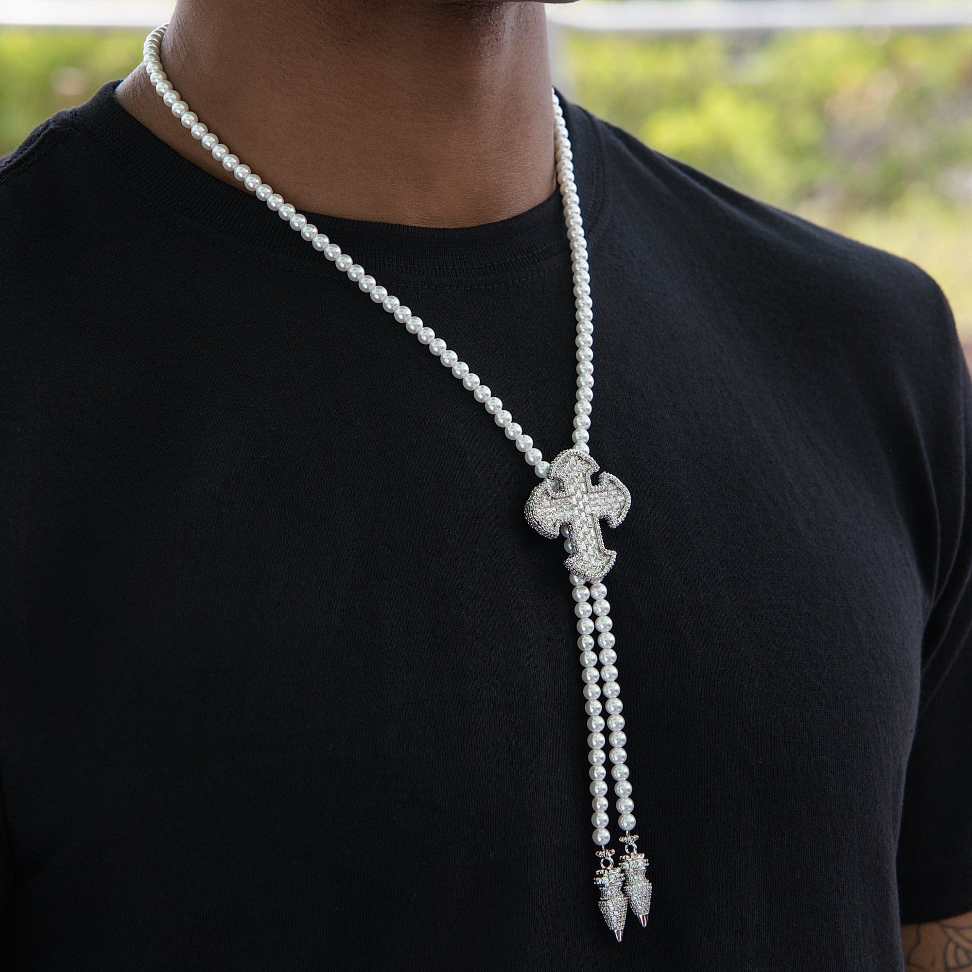 GLD Men Iced Cross Pearl Bolo Chain in White Gold