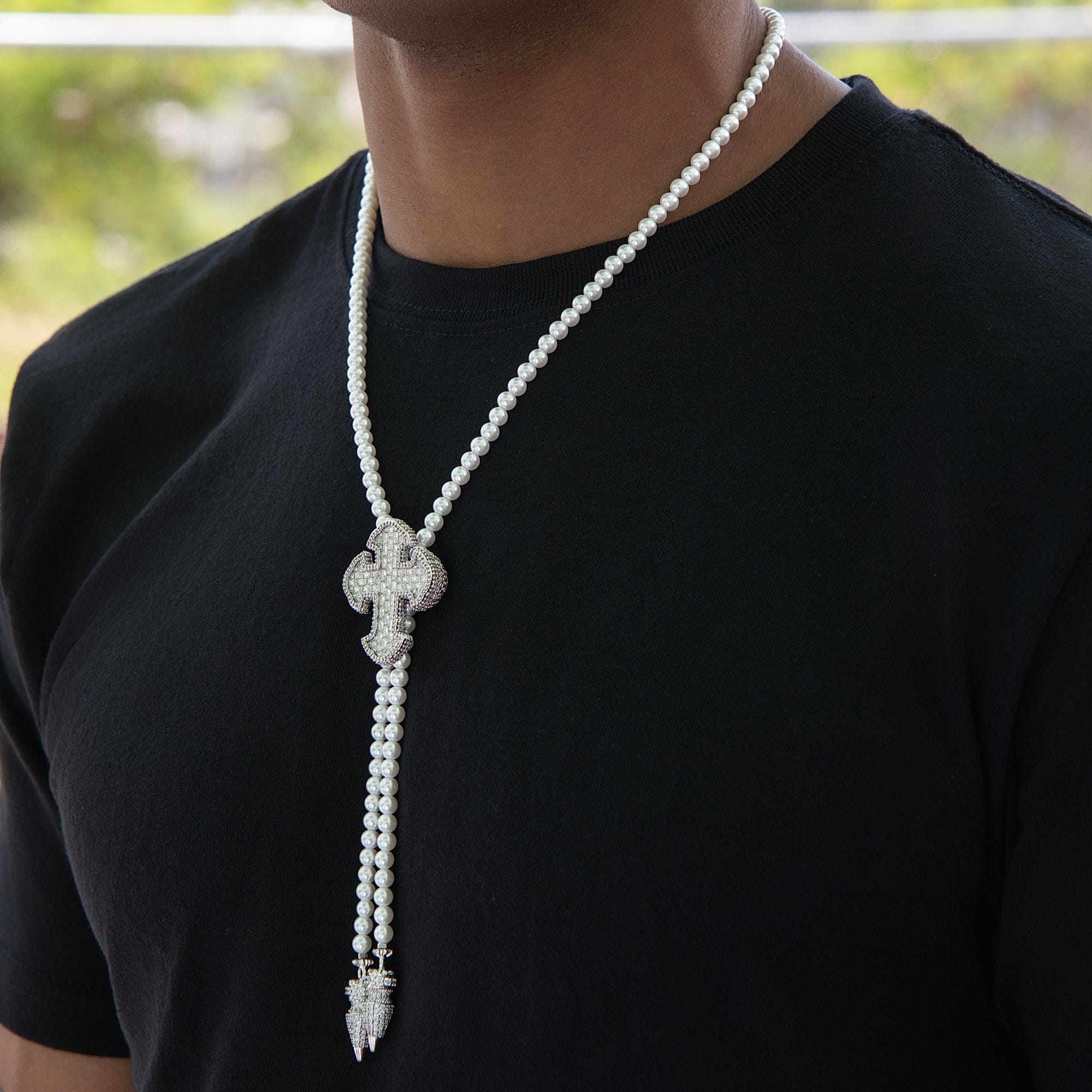 GLD Men Iced Cross Pearl Bolo Chain in White Gold