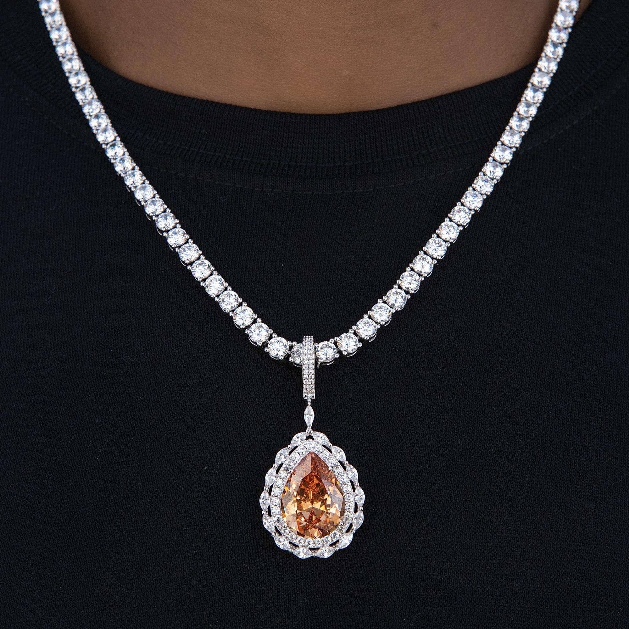 GLD Men Iced Teardrop Rock Pendant in White Gold