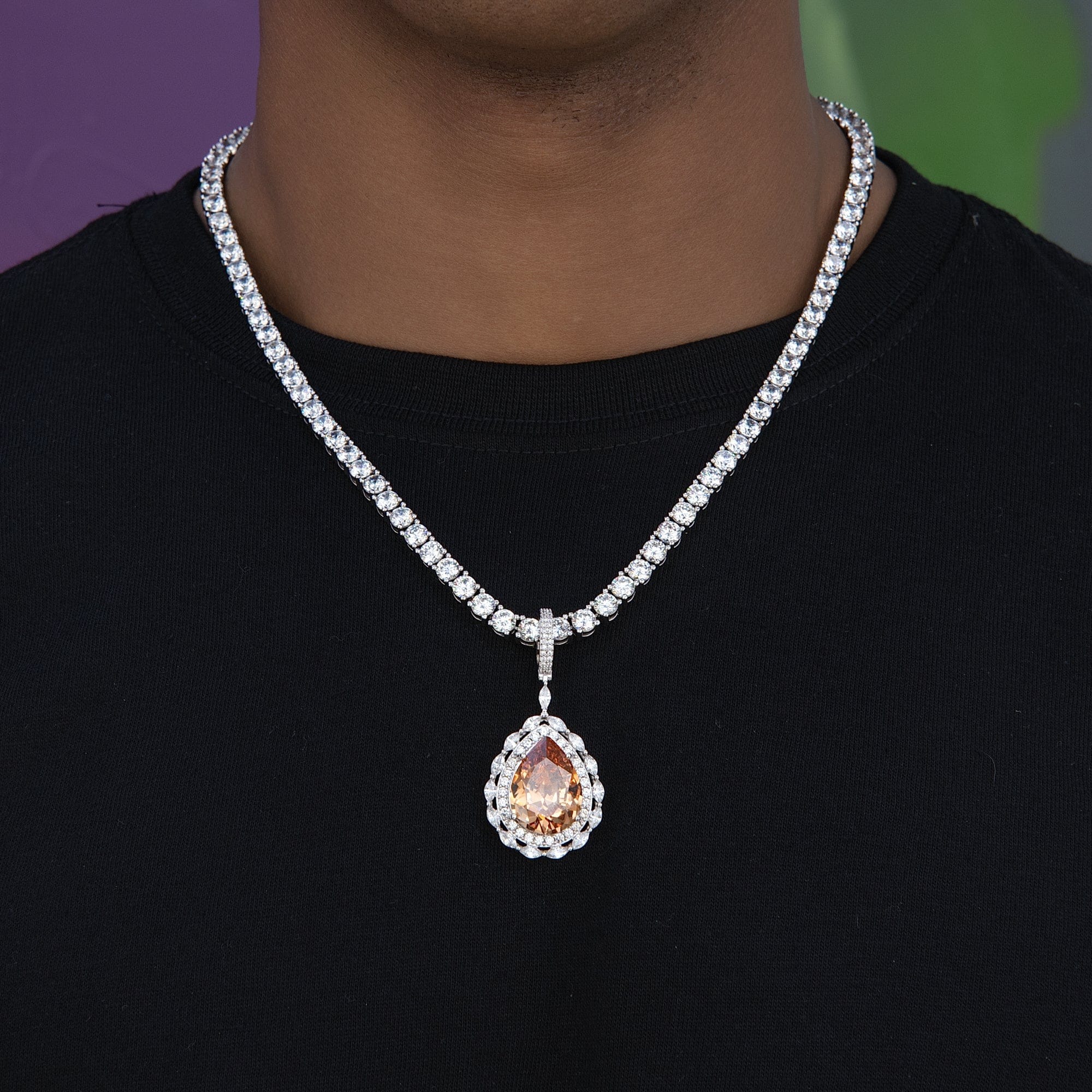 GLD Men Iced Teardrop Rock Pendant in White Gold
