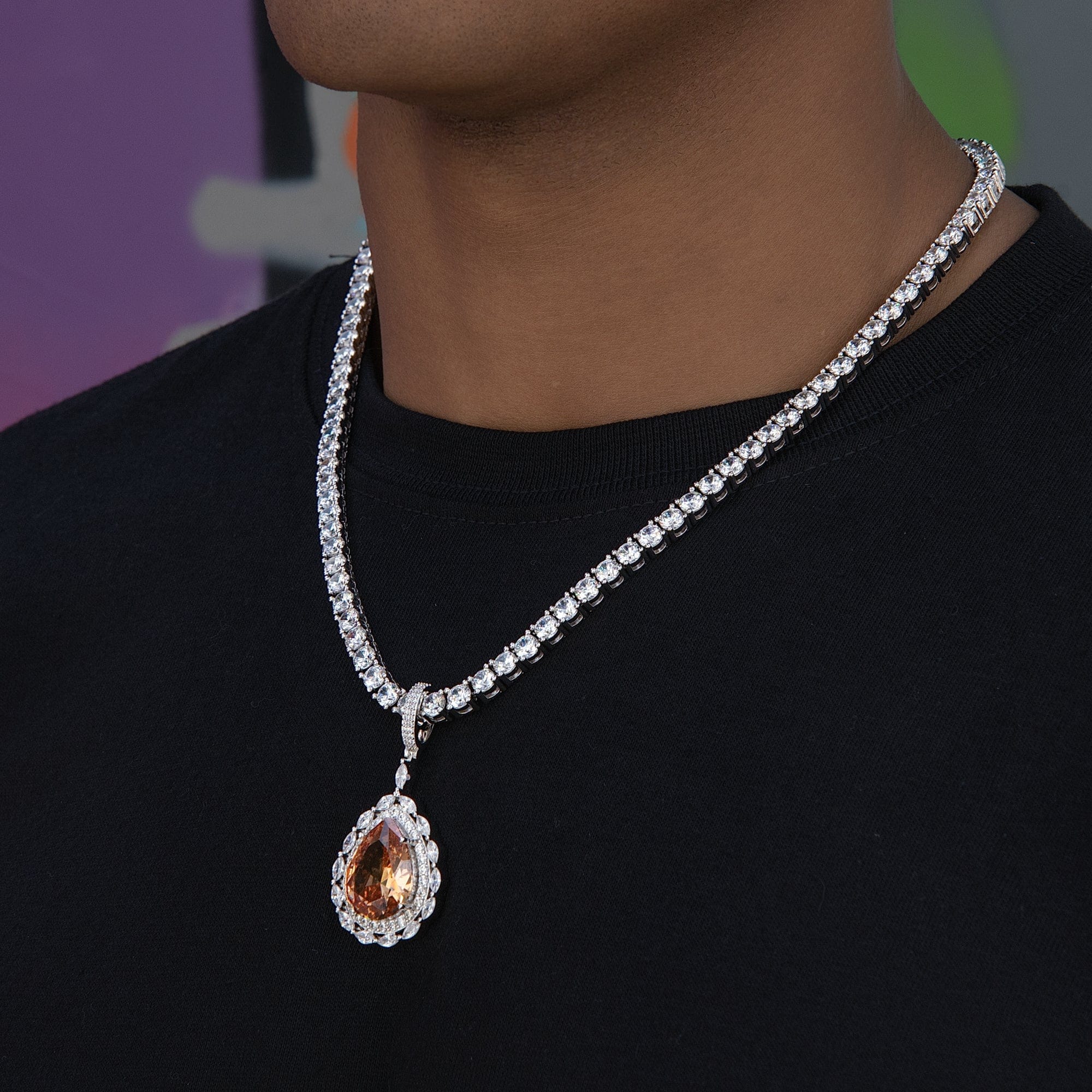 GLD Men Iced Teardrop Rock Pendant in White Gold
