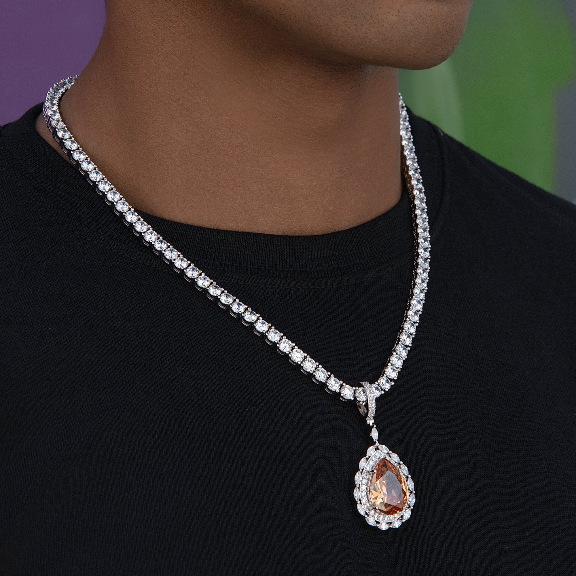 GLD Men Iced Teardrop Rock Pendant in White Gold