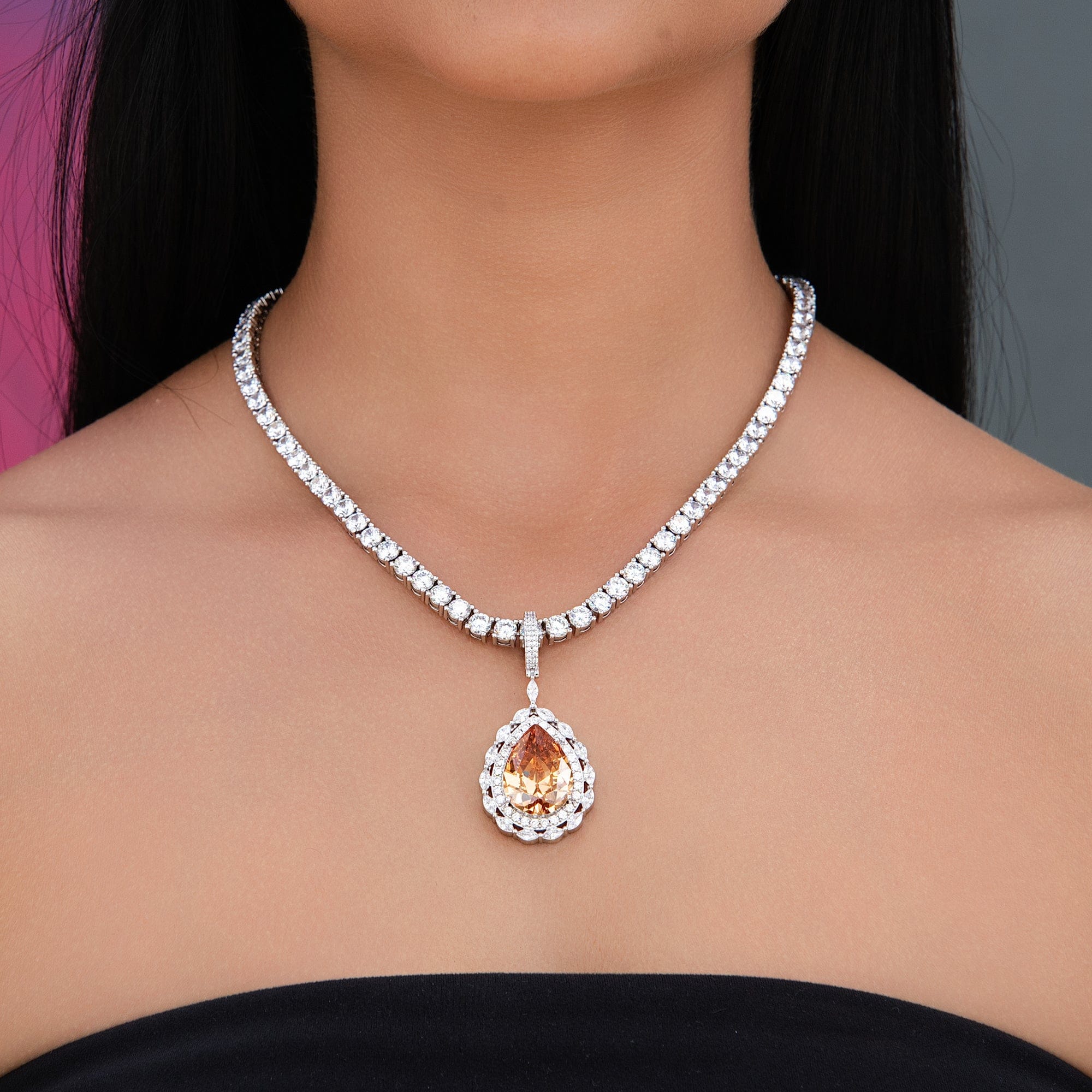 GLD Women Iced Teardrop Rock Pendant in White Gold