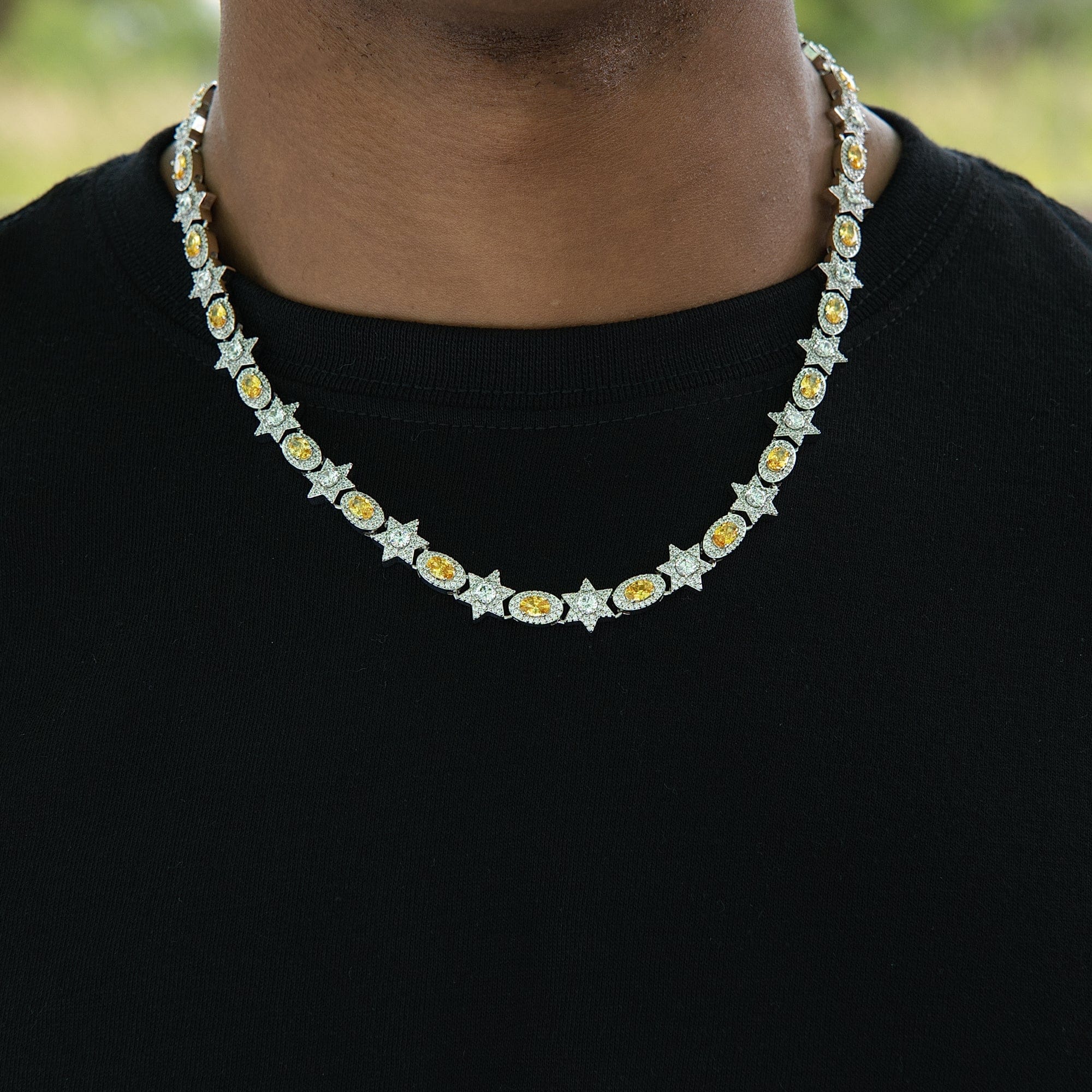 GLD Men Iced Canary Star Oval Chain in White Gold - 12 mm