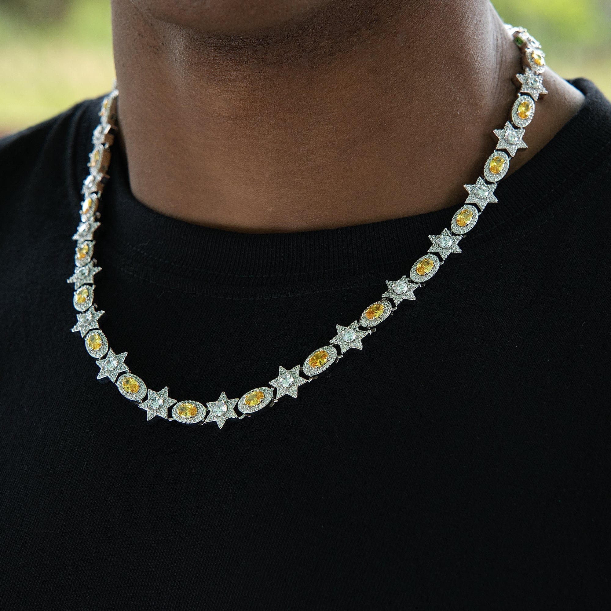 GLD Men Iced Canary Star Oval Chain in White Gold - 12 mm