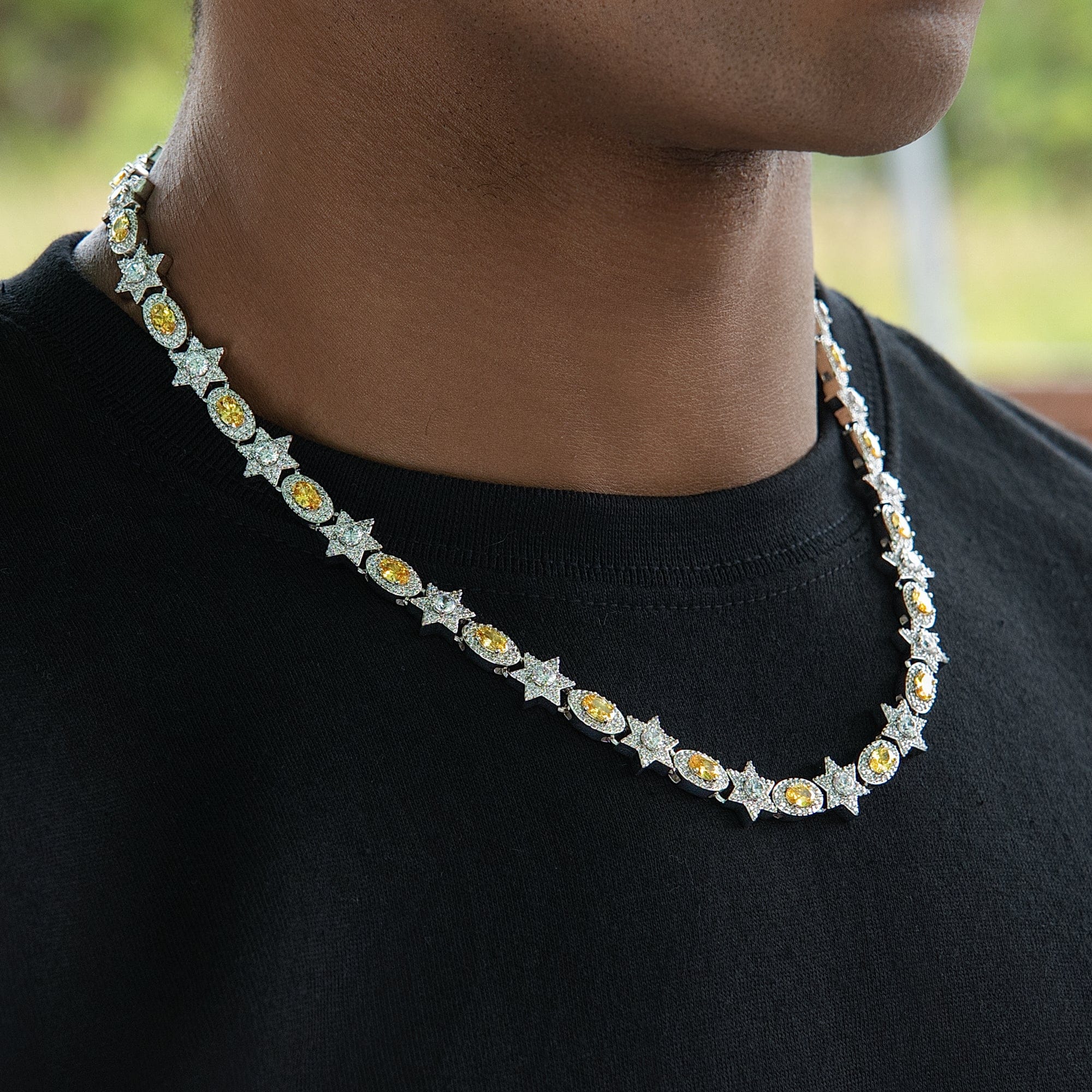 GLD Men Iced Canary Star Oval Chain in White Gold - 12 mm