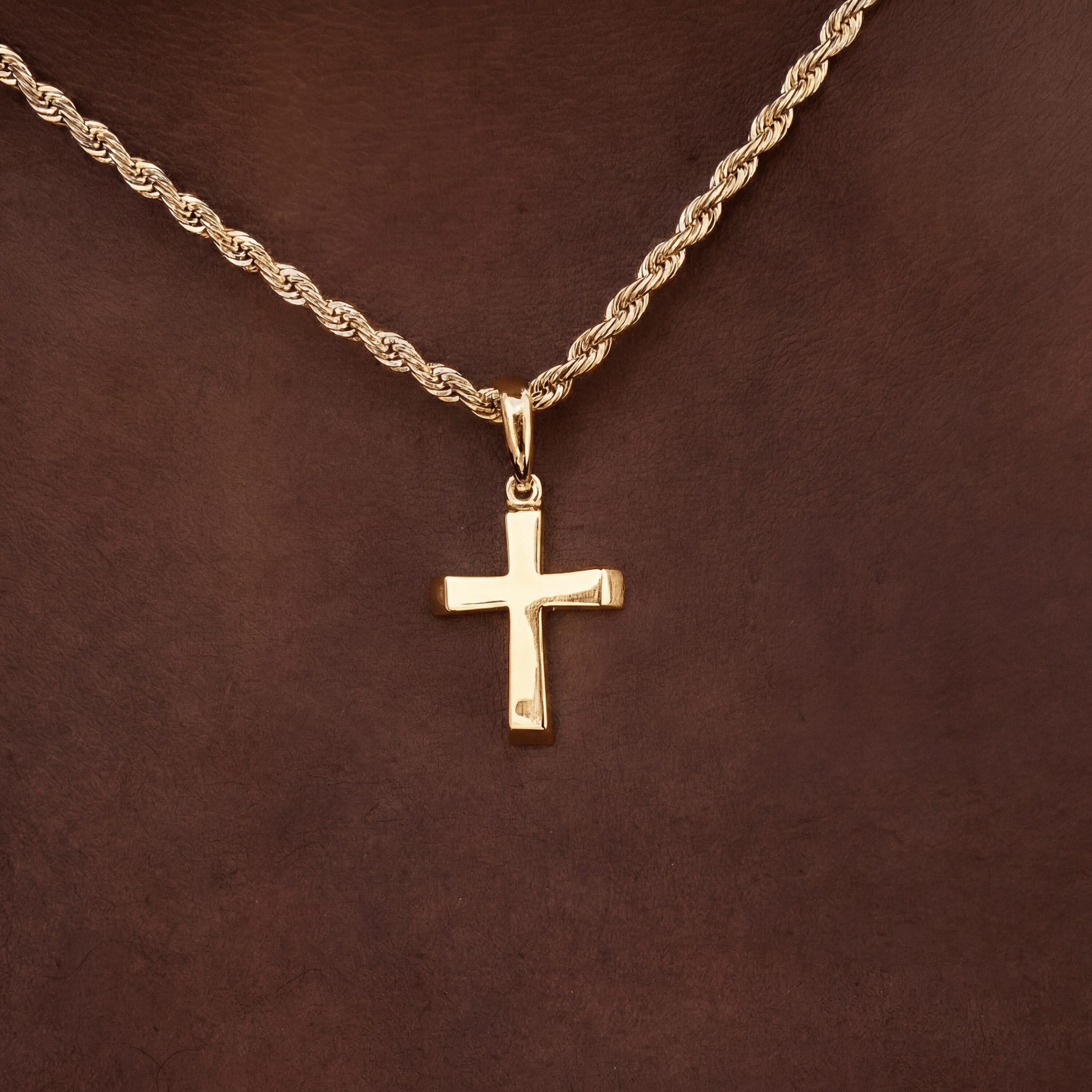 GLD Men Micro Simple Cross Pendant + Rope Chain in White or Yellow Gold - 2 mm