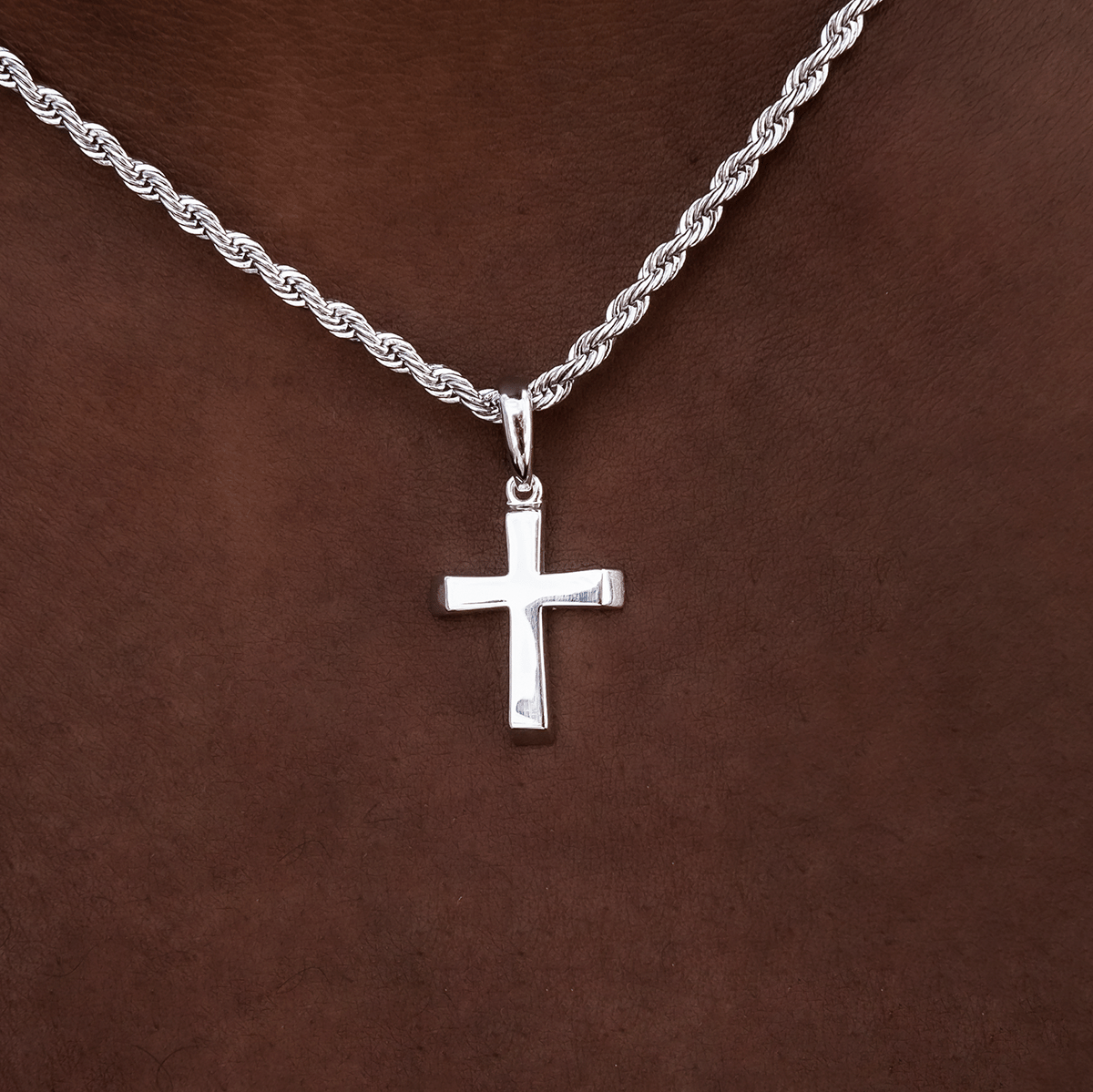 GLD Men Micro Simple Cross Pendant + Rope Chain in White or Yellow Gold - 2 mm