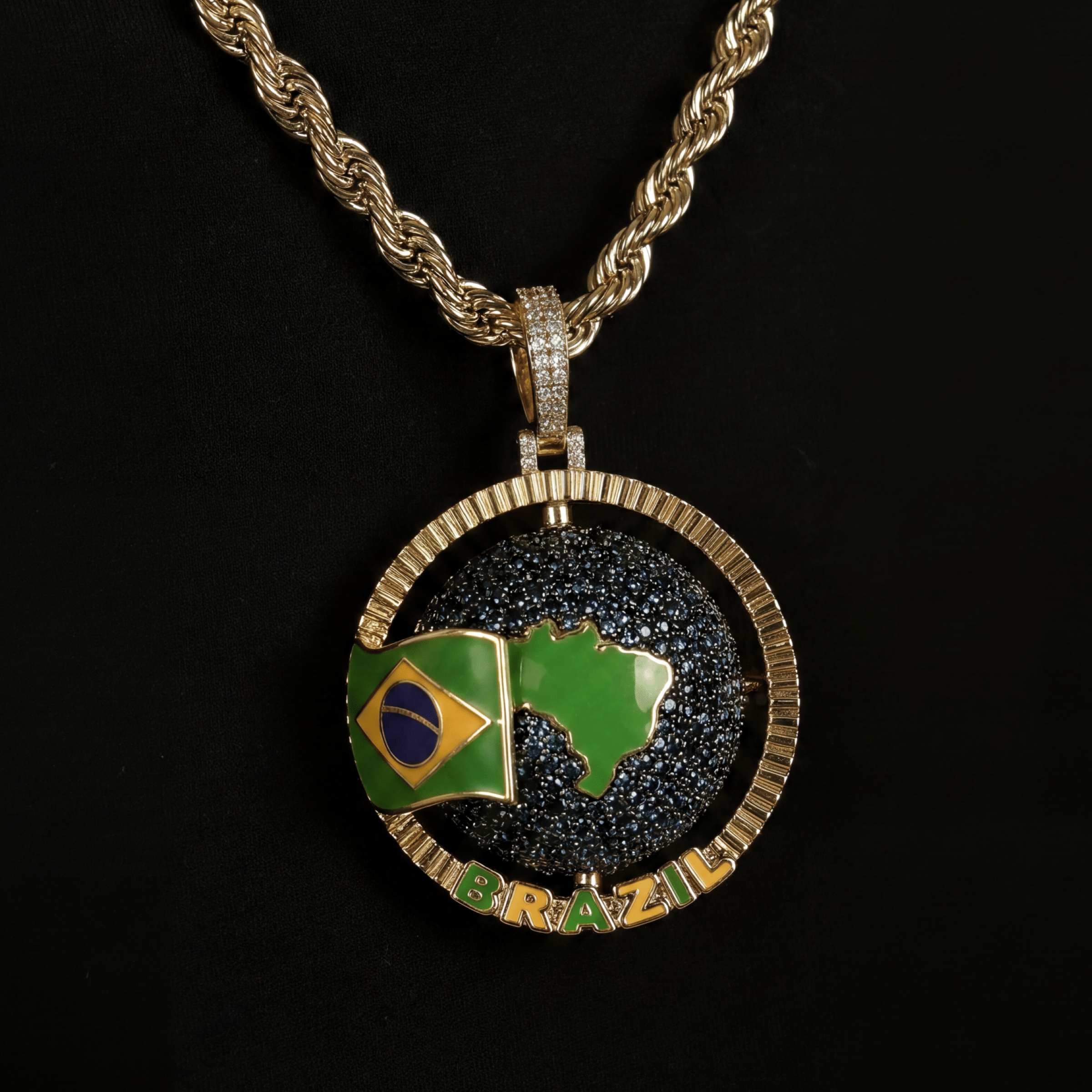 GLD Men Diamond Brazil Spinning Globe Flag Pendant in Yellow Gold
