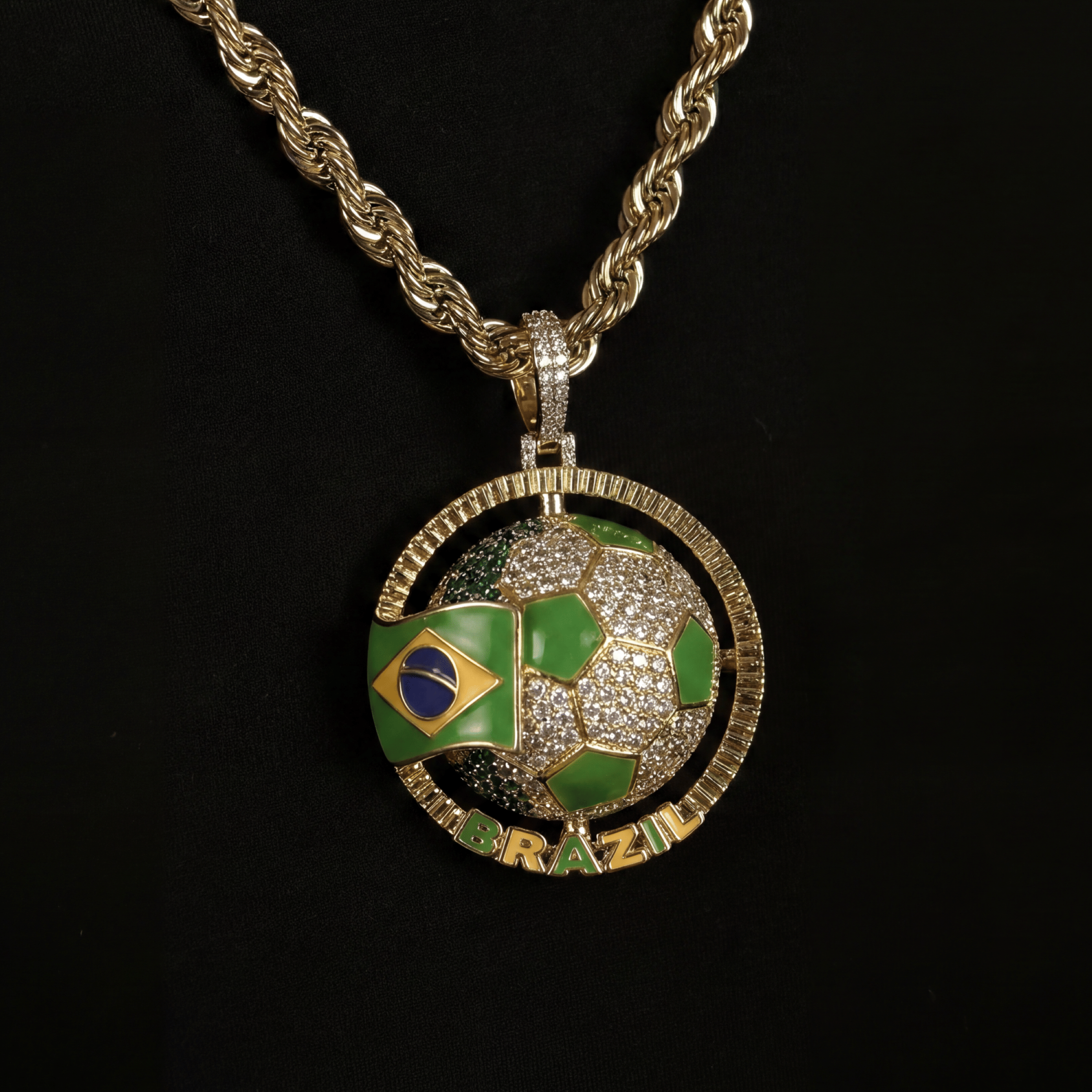 GLD Men Diamond Brazil Spinning Globe Flag Pendant in Yellow Gold