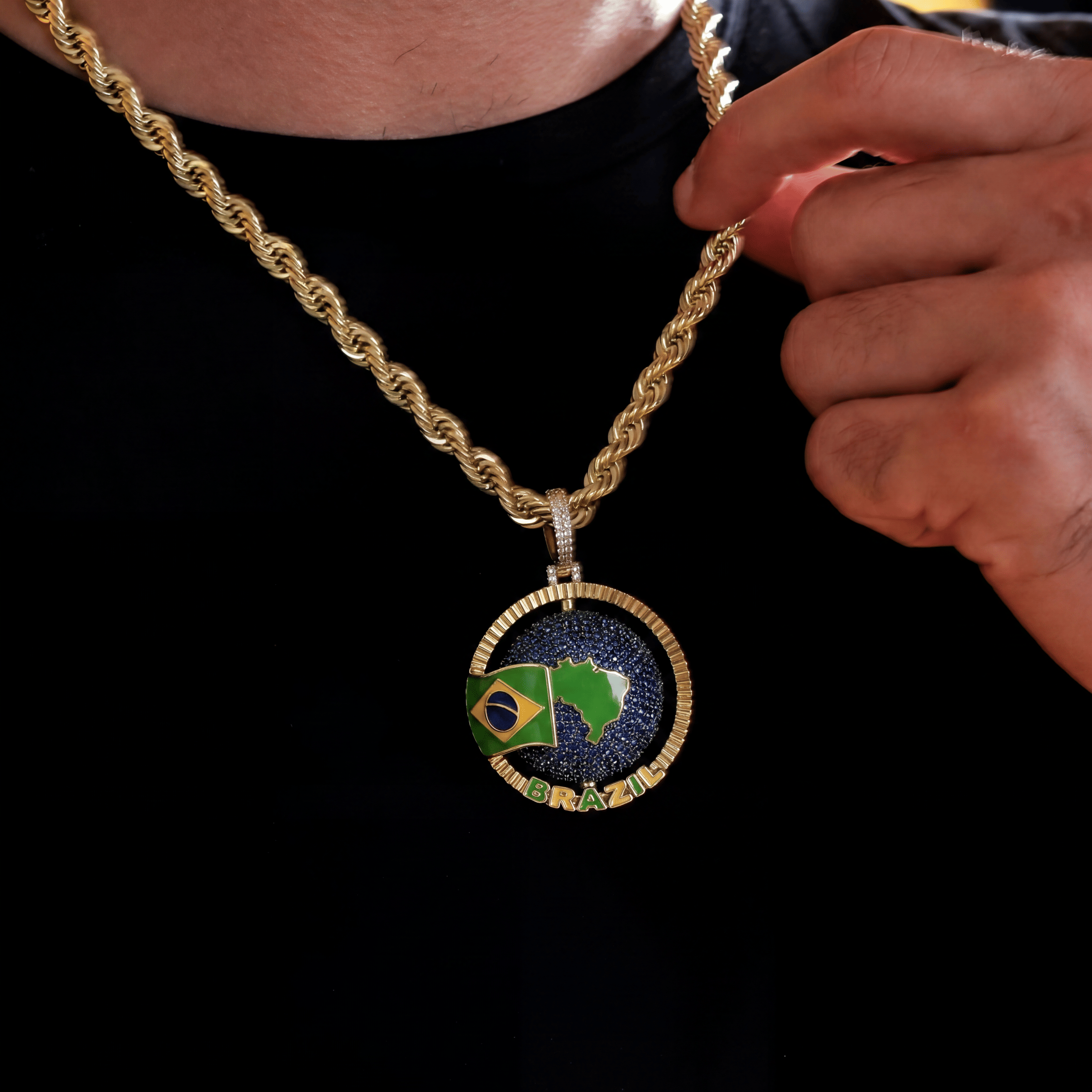 GLD Men Diamond Brazil Spinning Globe Flag Pendant in Yellow Gold
