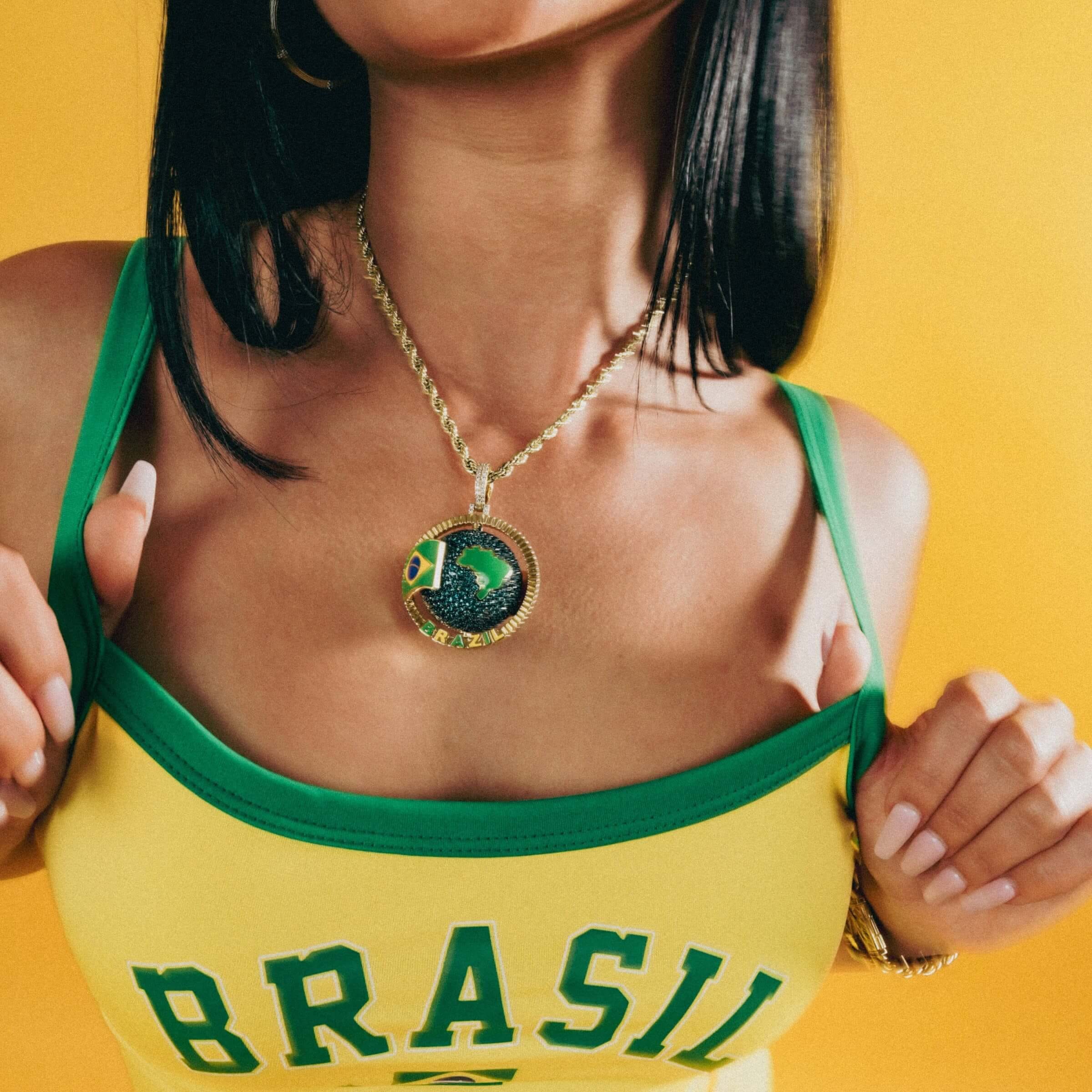 GLD Women Diamond Brazil Spinning Globe Flag Pendant in Yellow Gold