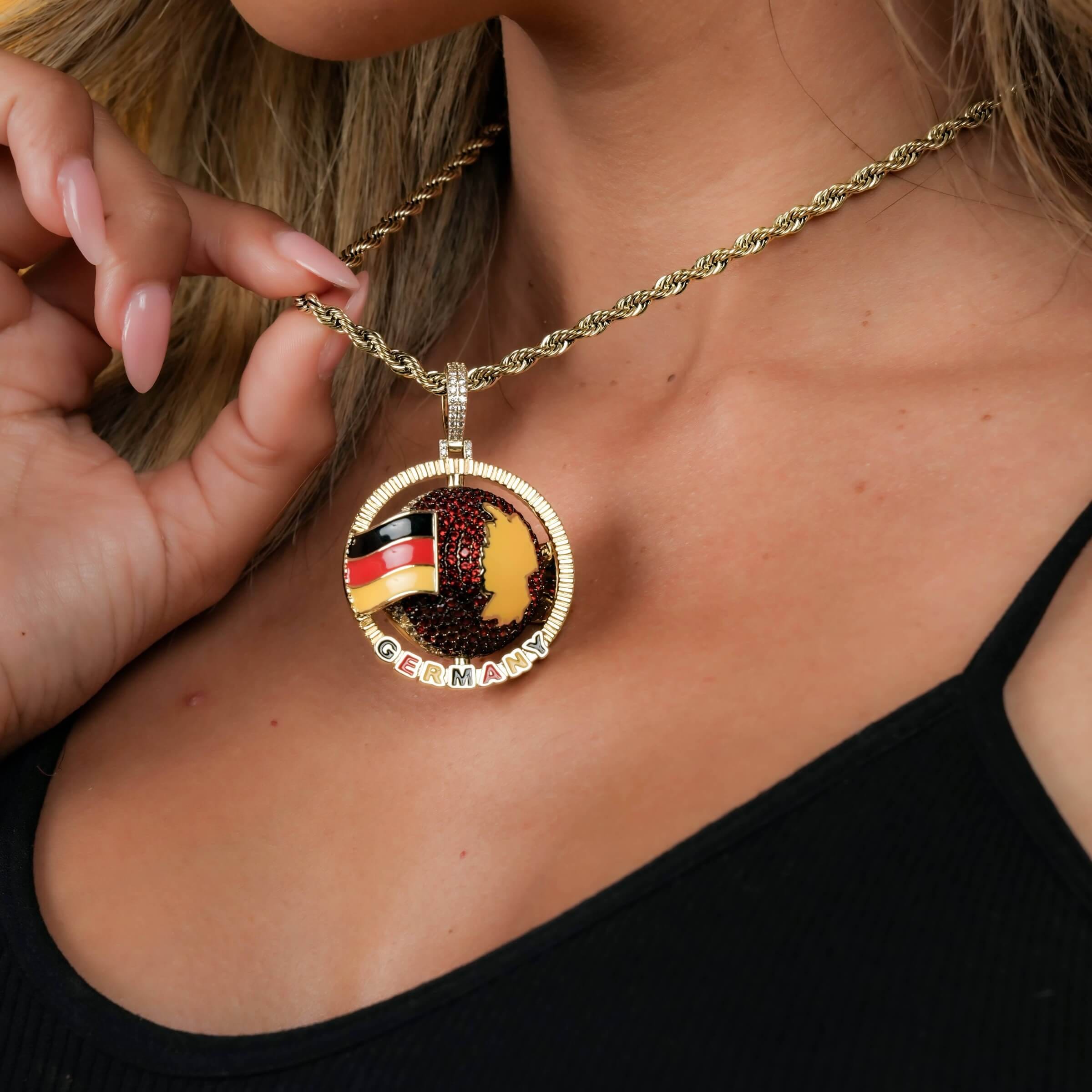 GLD Women Diamond Germany Spinning Globe Flag Pendant in Yellow Gold