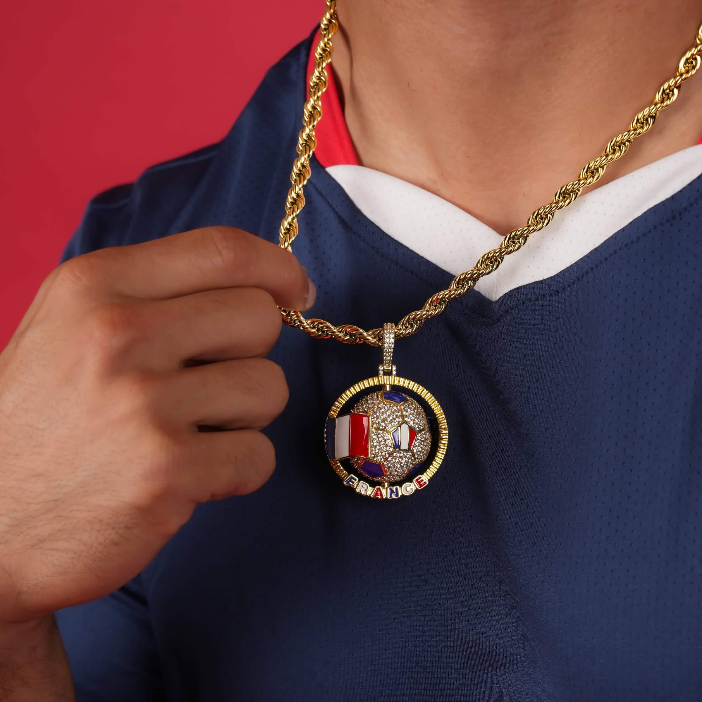 GLD Men Diamond France Spinning Globe Flag Pendant in Yellow Gold