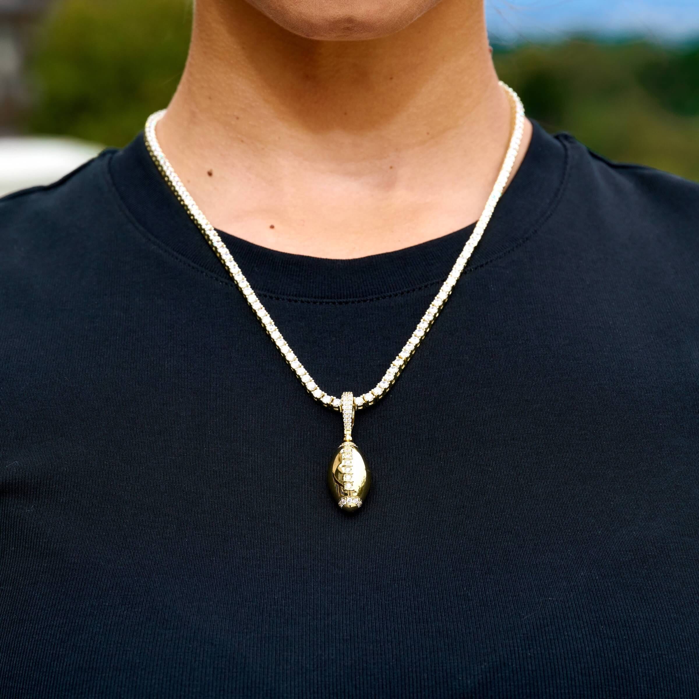 GLD Women Iced Stitched Football Pendant in Yellow Gold