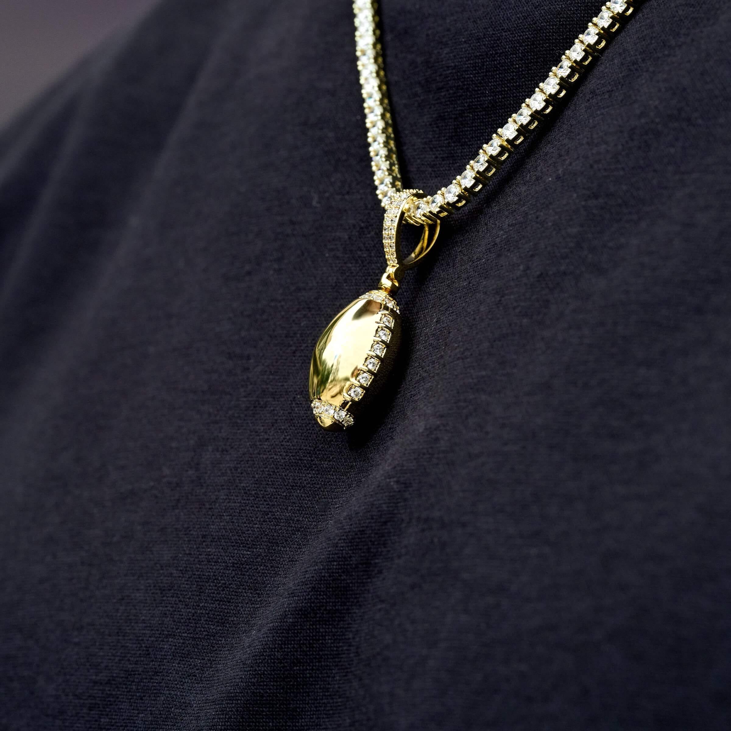 GLD Women Iced Stitched Football Pendant in Yellow Gold