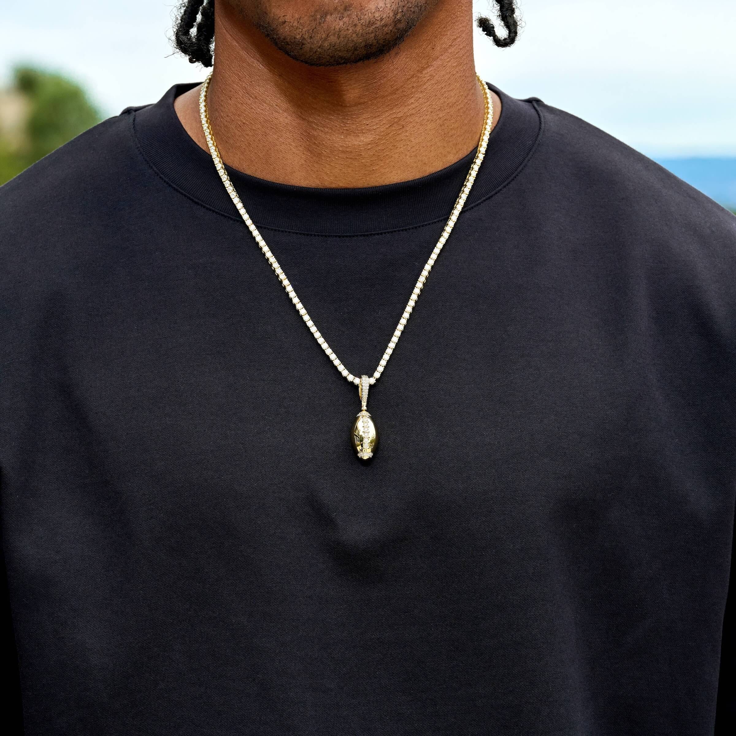 GLD Men Iced Stitched Football Pendant in Yellow Gold