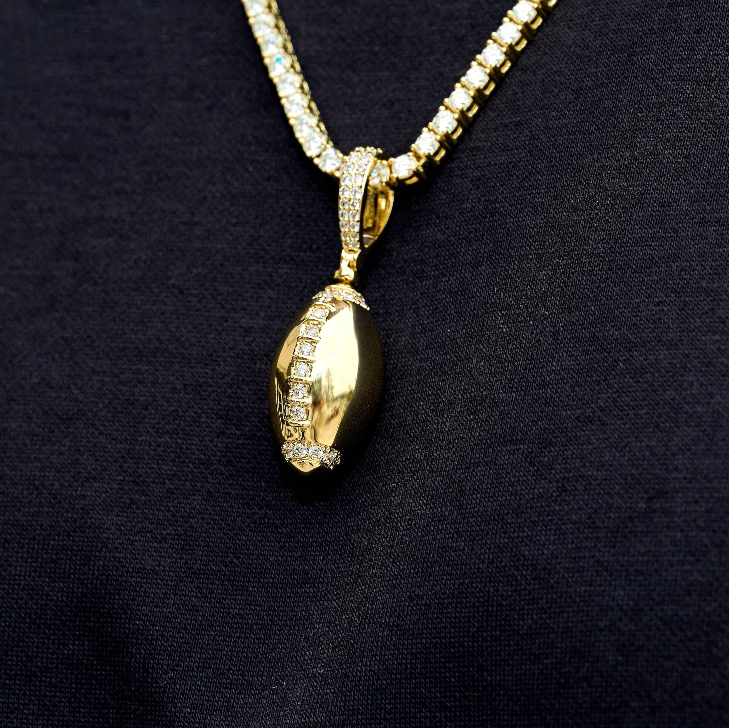 GLD Men Iced Stitched Football Pendant in Yellow Gold