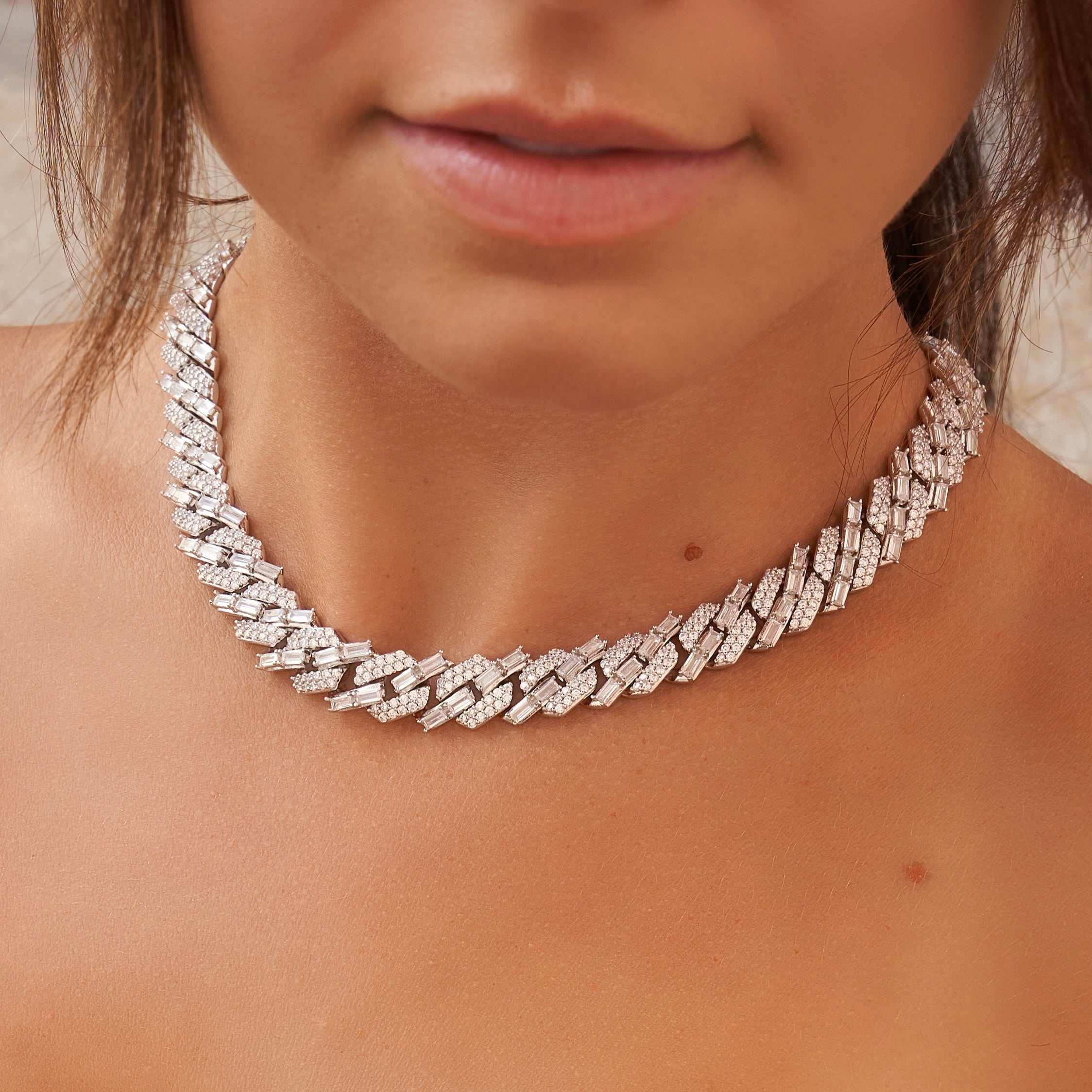 GLD PROMO - WOMEN 12 mm Mixed Stone Diamond Cuban Necklace - White Gold