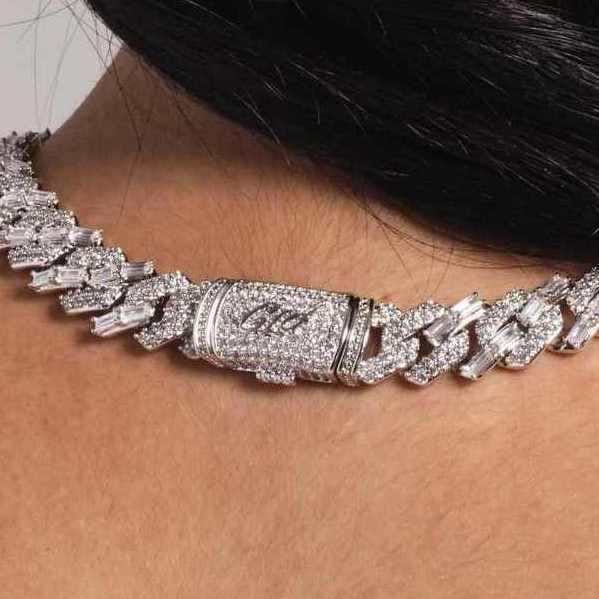 GLD PROMO - WOMEN 12 mm Mixed Stone Diamond Cuban Necklace - White Gold