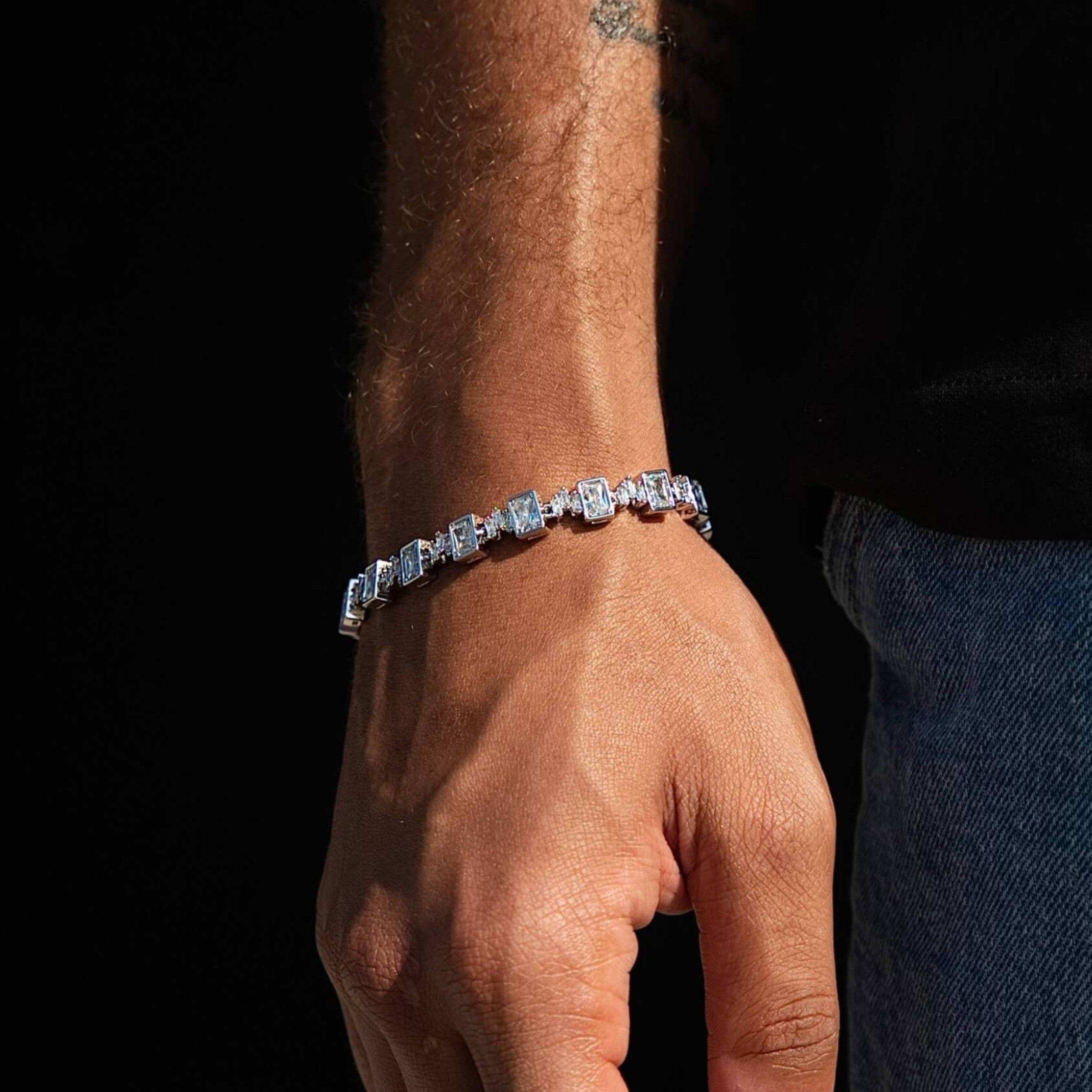 GLD Men Diamond Square Cut Tennis Chain Bracelet in White Gold