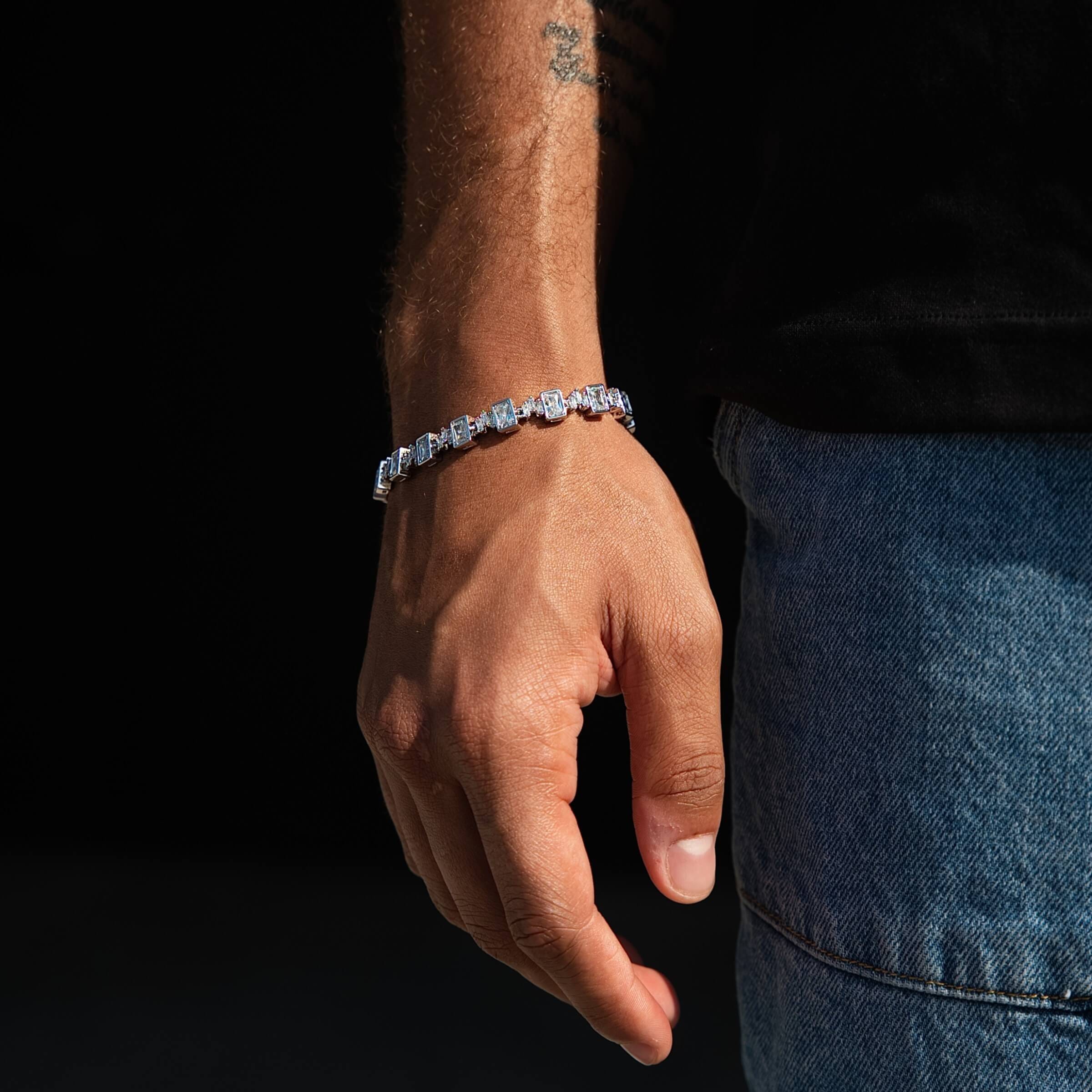 GLD Men Diamond Square Cut Tennis Chain Bracelet in White Gold