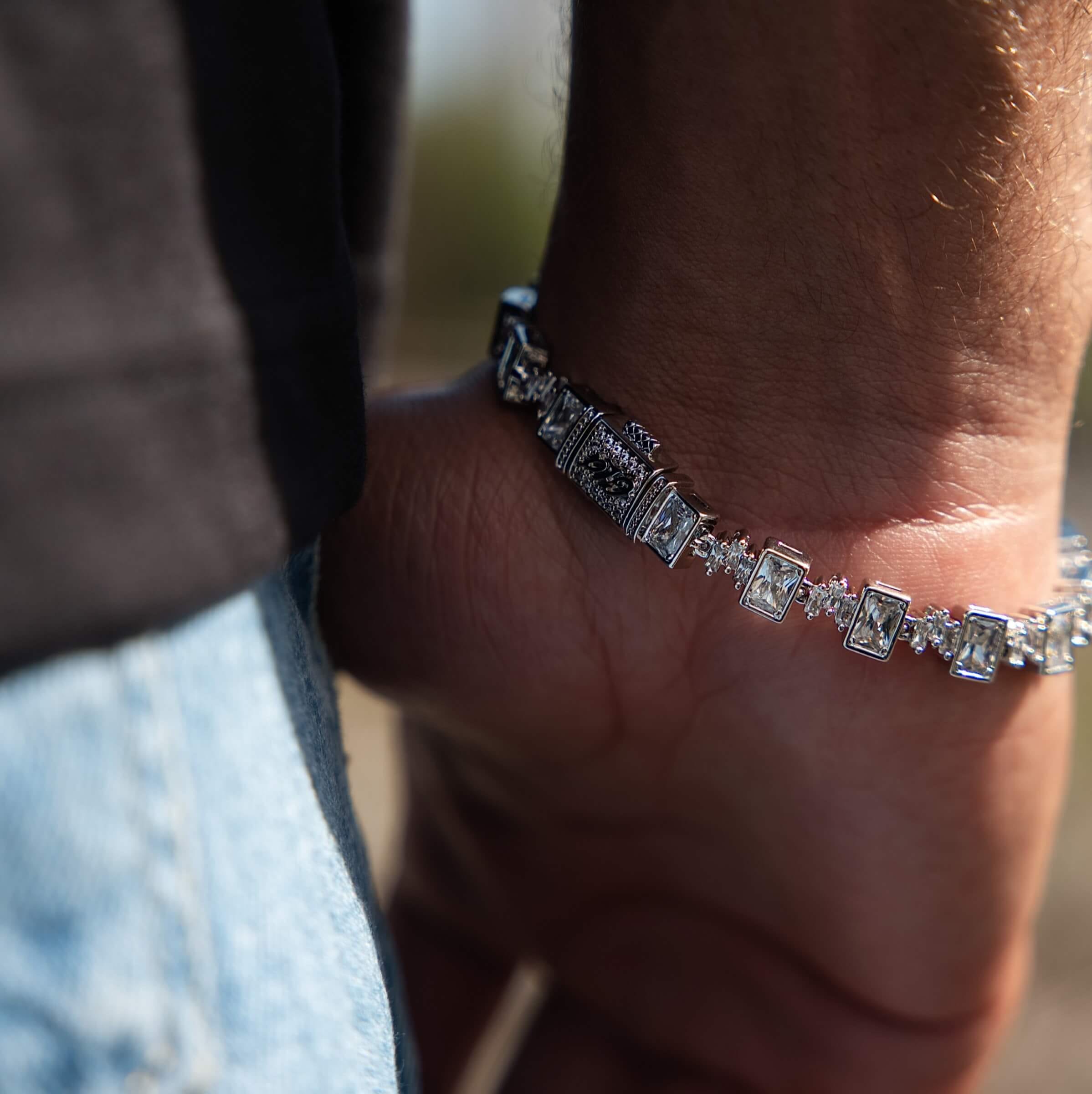 GLD Men Diamond Square Cut Tennis Chain Bracelet in White Gold