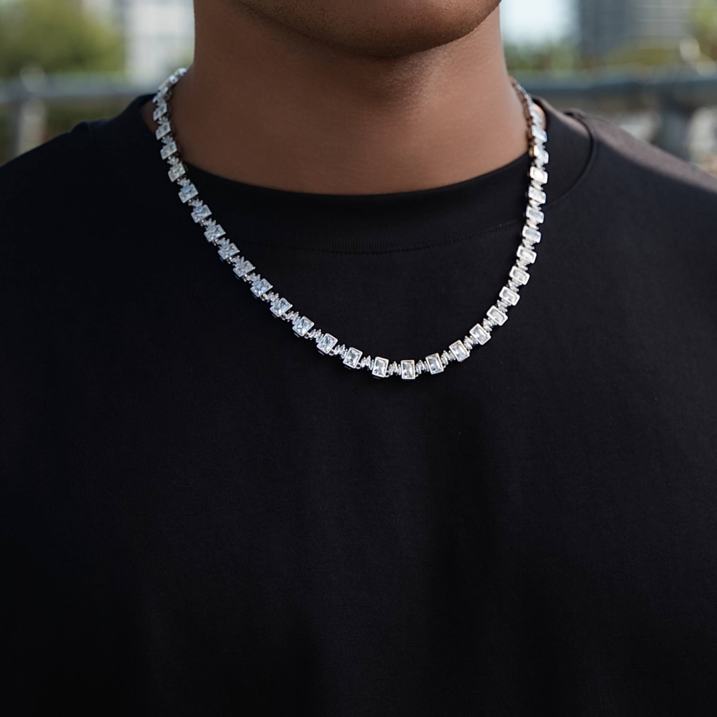 GLD Men Diamond Square Cut Tennis Chain in White Gold