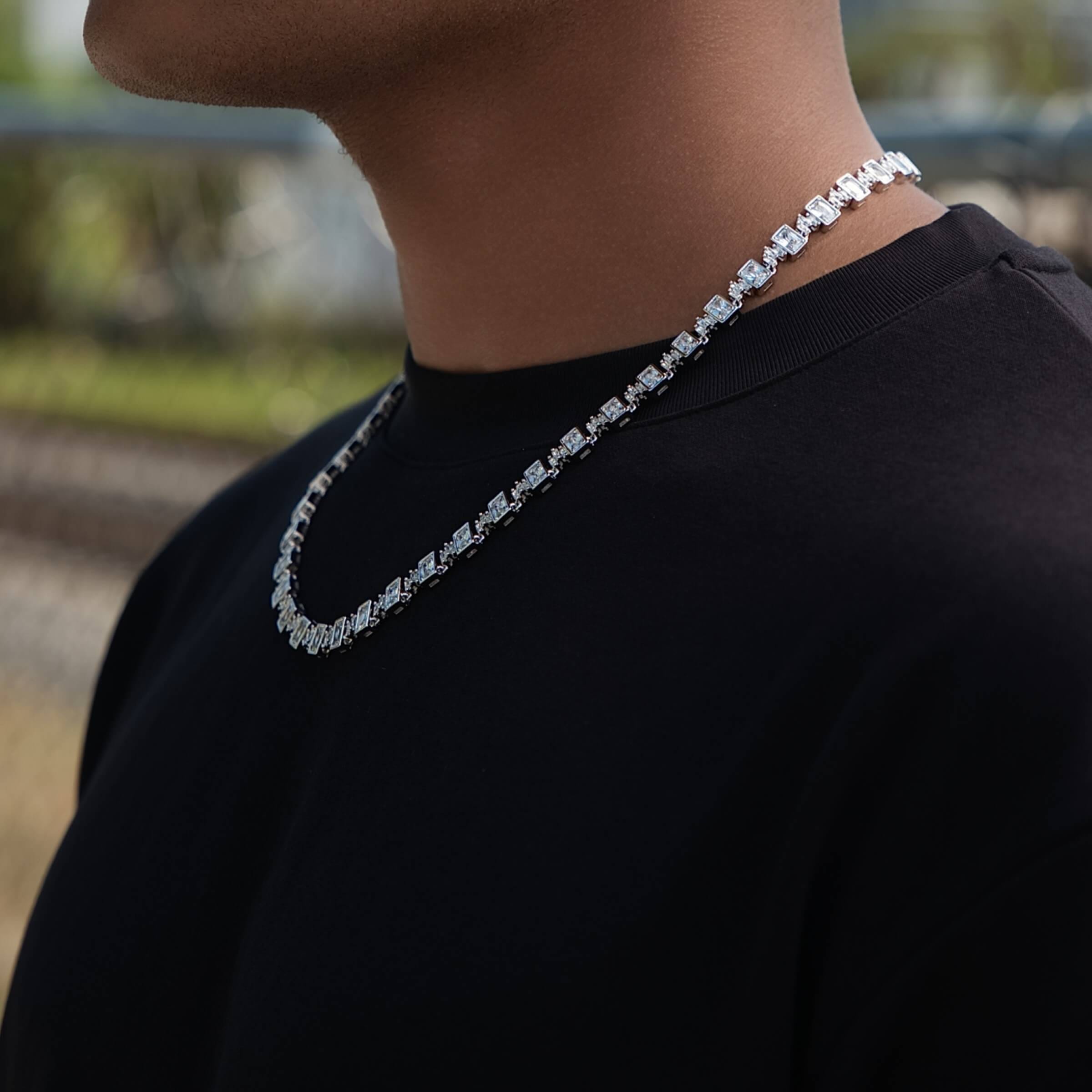 GLD Men Diamond Square Cut Tennis Chain in White Gold