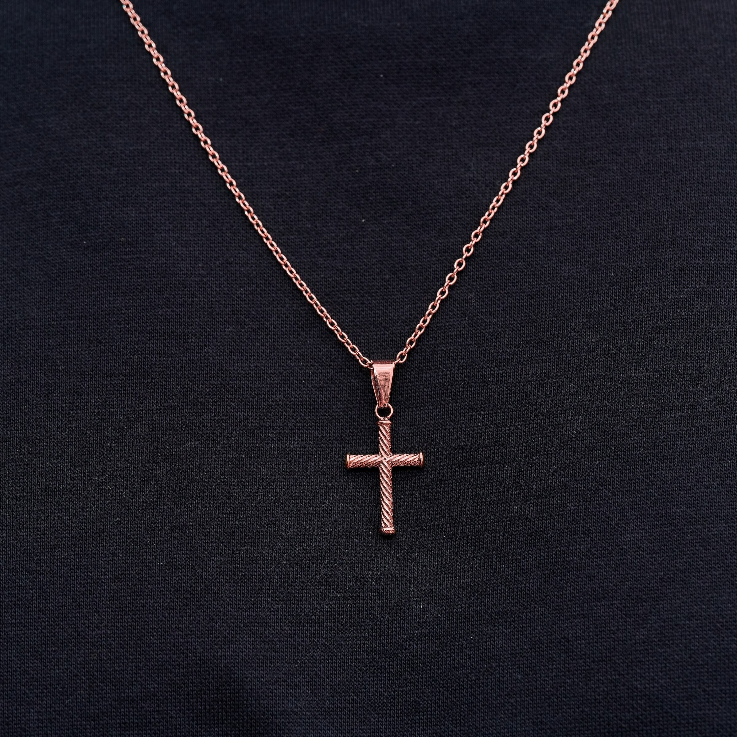 GLD PROMO Micro Twisted Rope Cross Pendant in Rose Gold