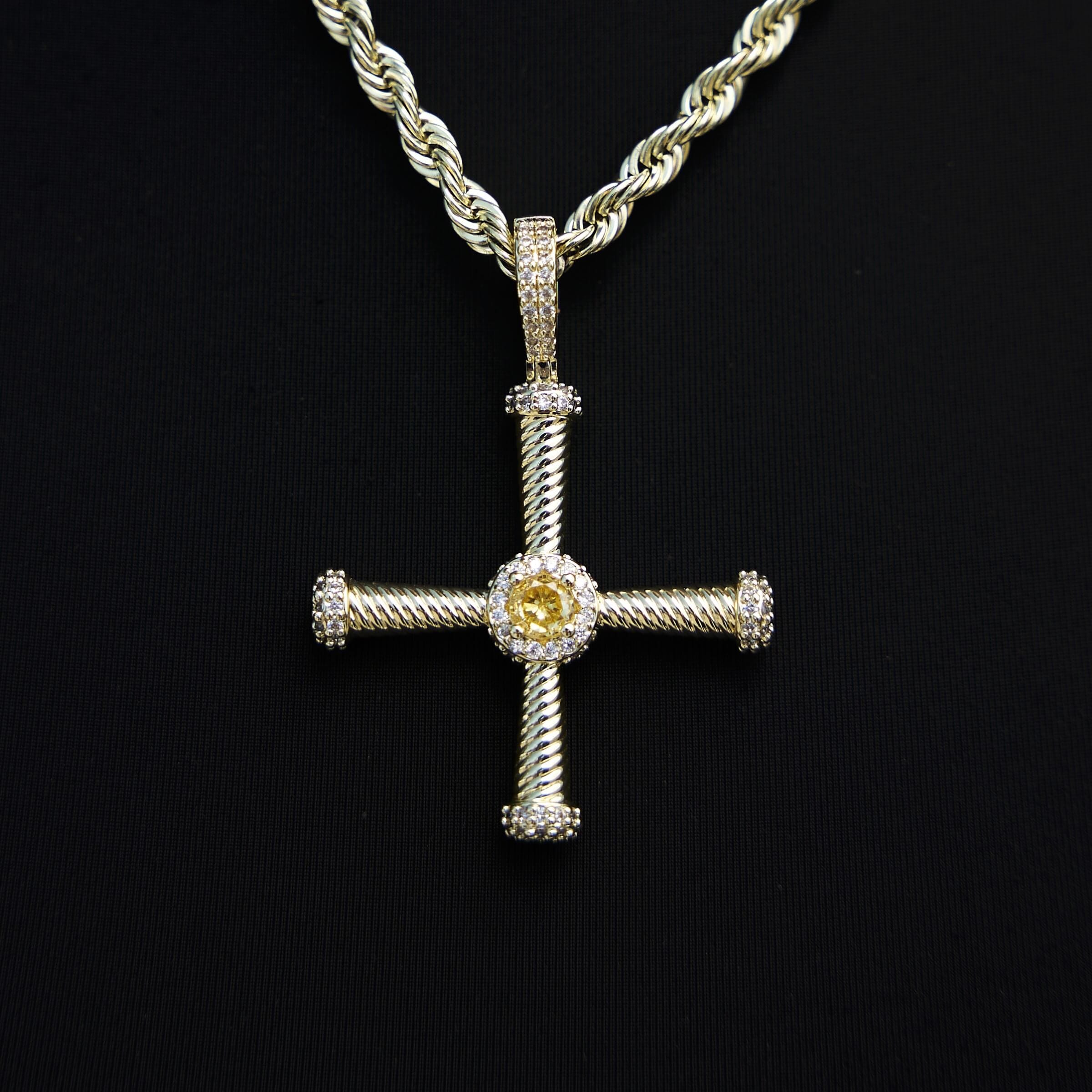 GLD Women Iced Square Cross Pendant in Yellow Gold