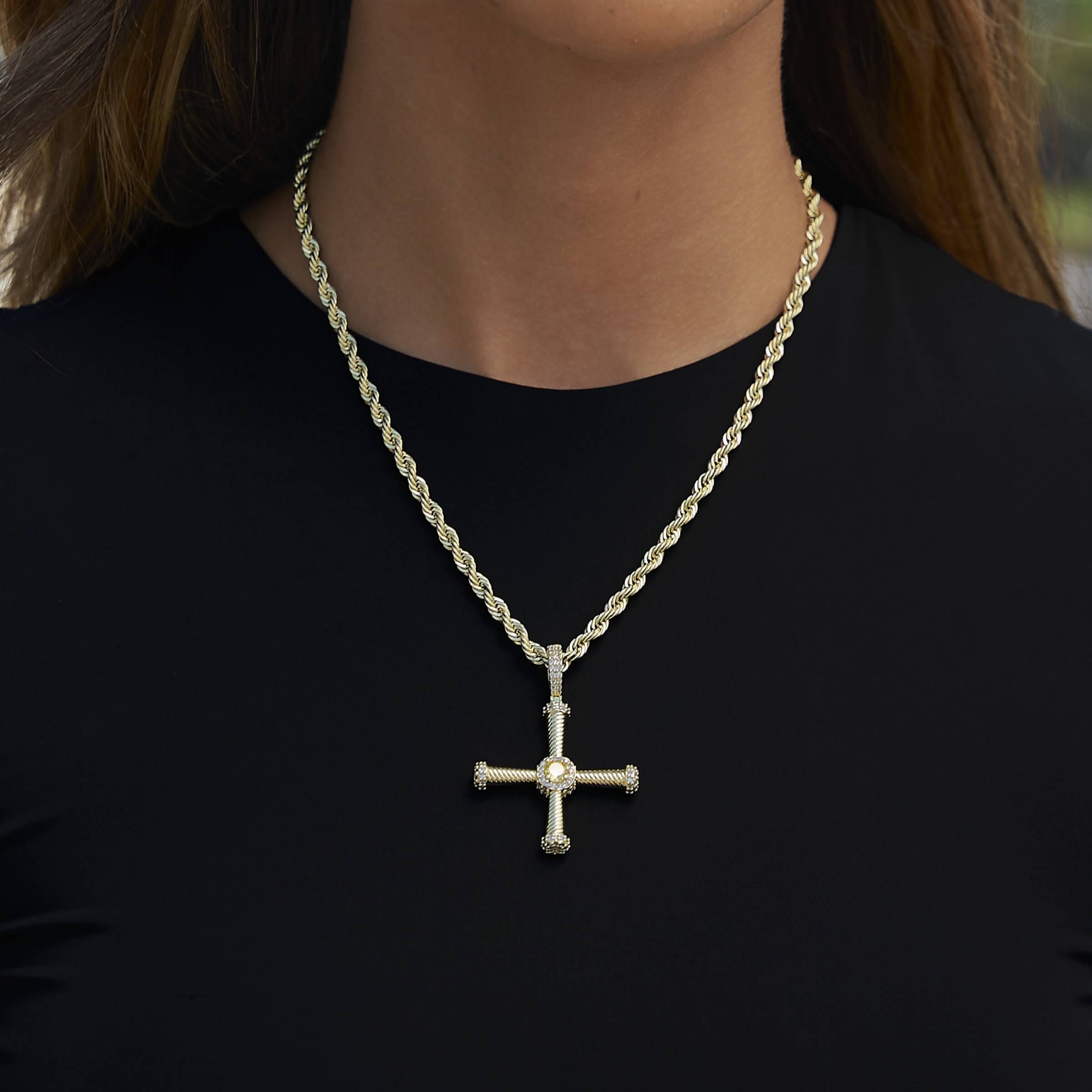 GLD Women Iced Square Cross Pendant in Yellow Gold