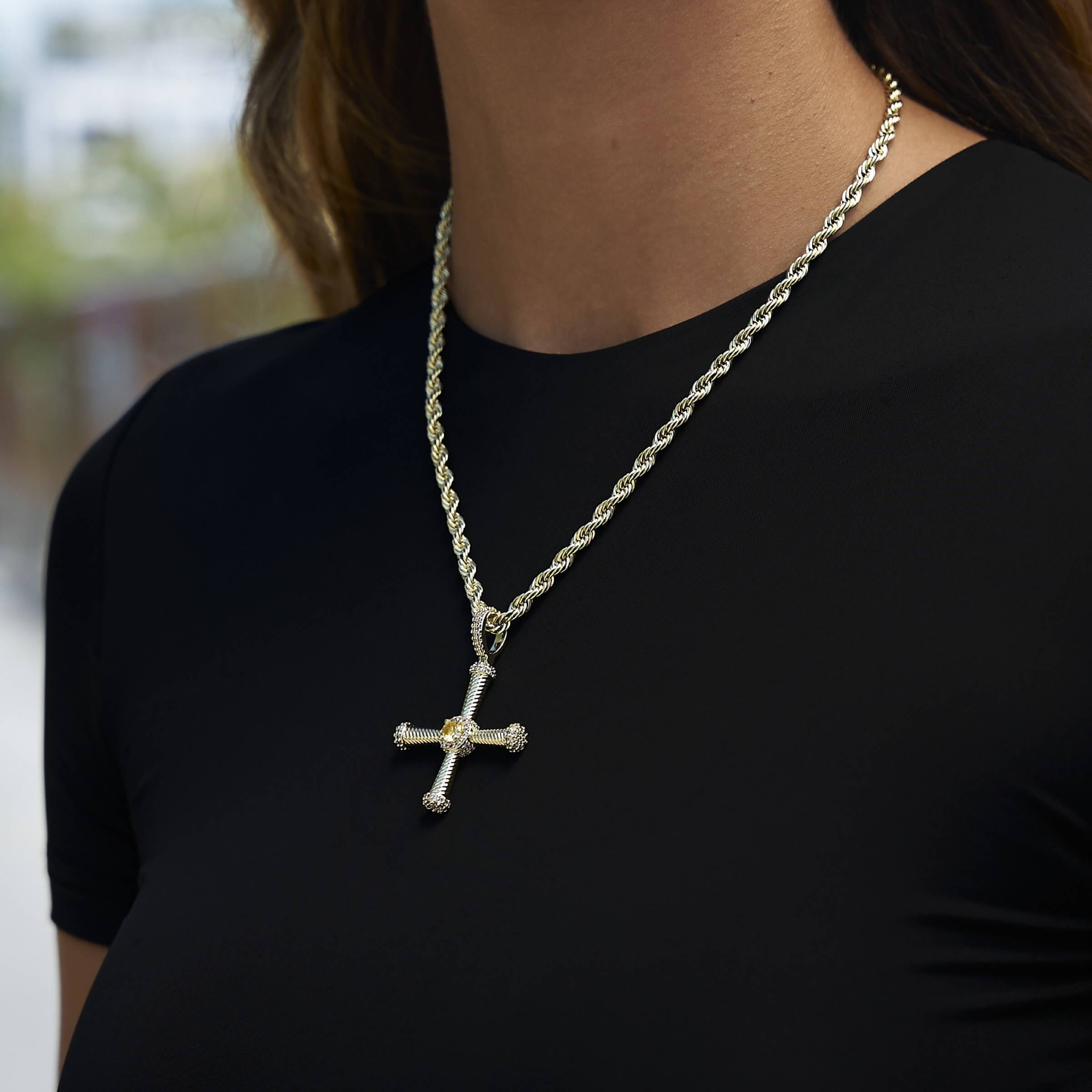 GLD Women Iced Square Cross Pendant in Yellow Gold
