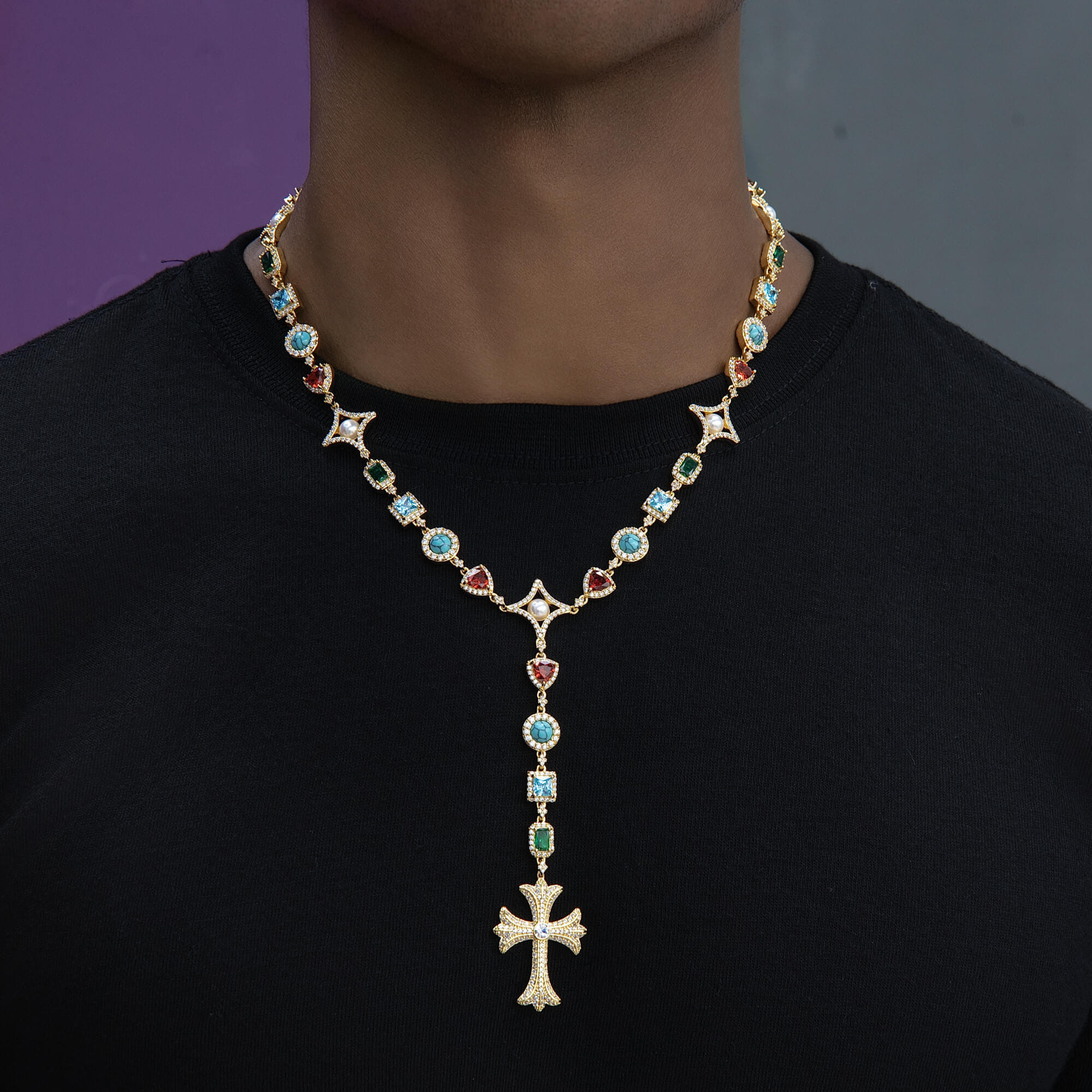 GLD Men Colored Gemstone Pearl Rosary Chain Necklace in Yellow Gold