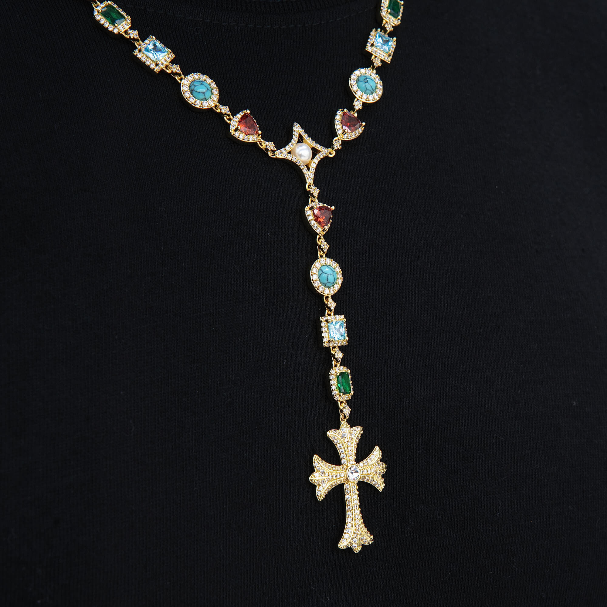 GLD Men Colored Gemstone Pearl Rosary Chain Necklace in Yellow Gold
