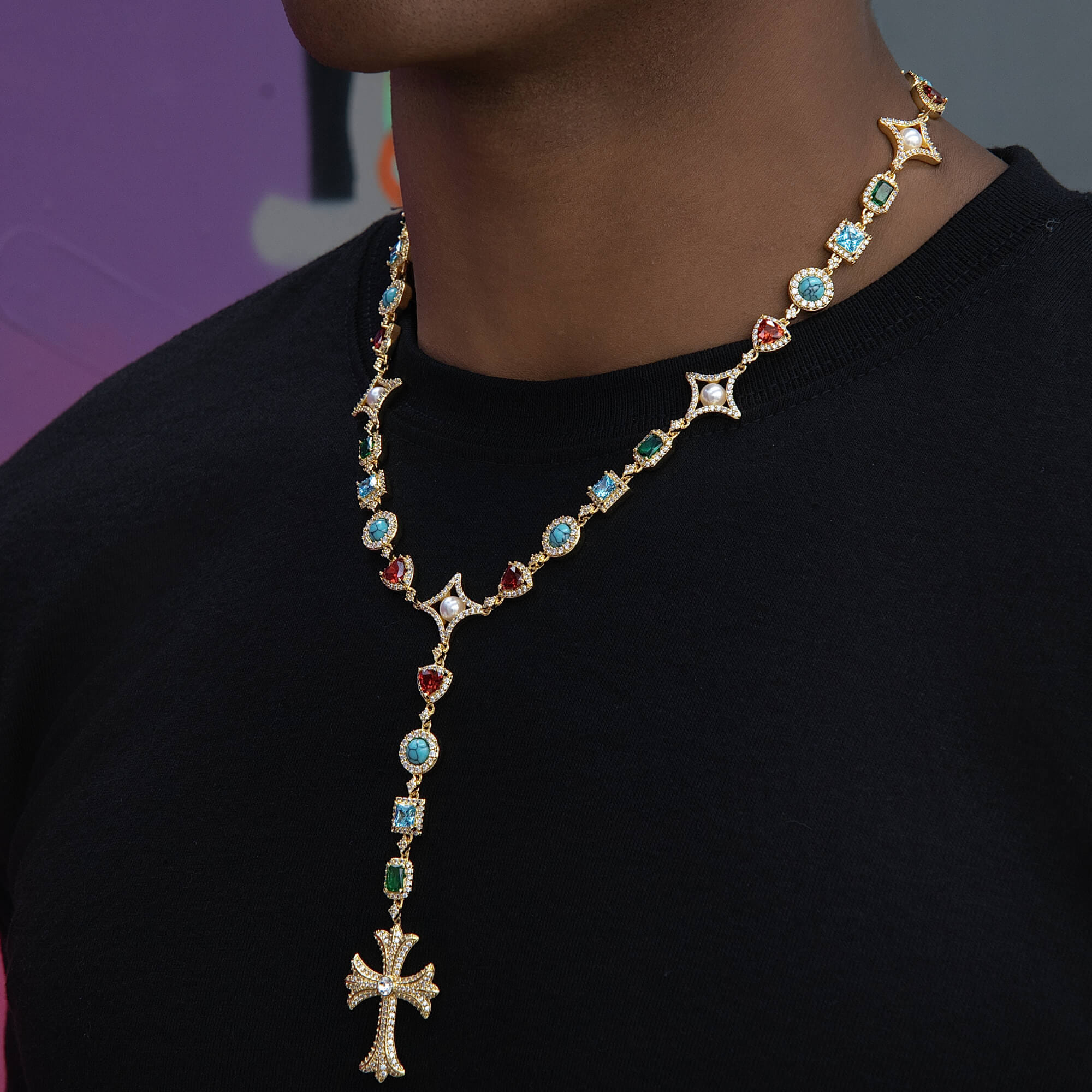 GLD Men Colored Gemstone Pearl Rosary Chain Necklace in Yellow Gold