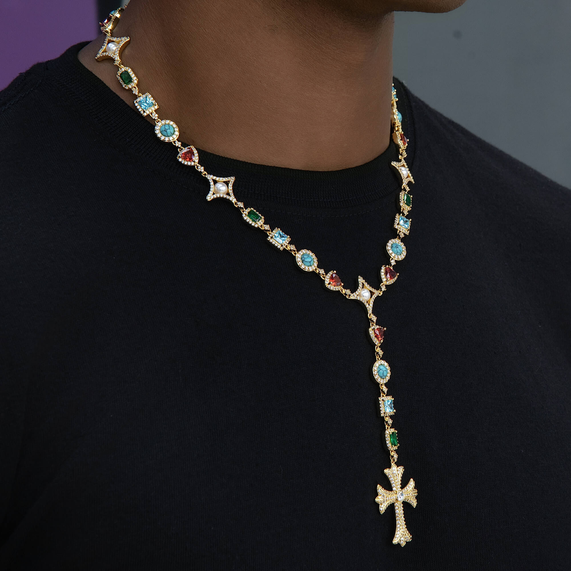GLD Men Colored Gemstone Pearl Rosary Chain Necklace in Yellow Gold