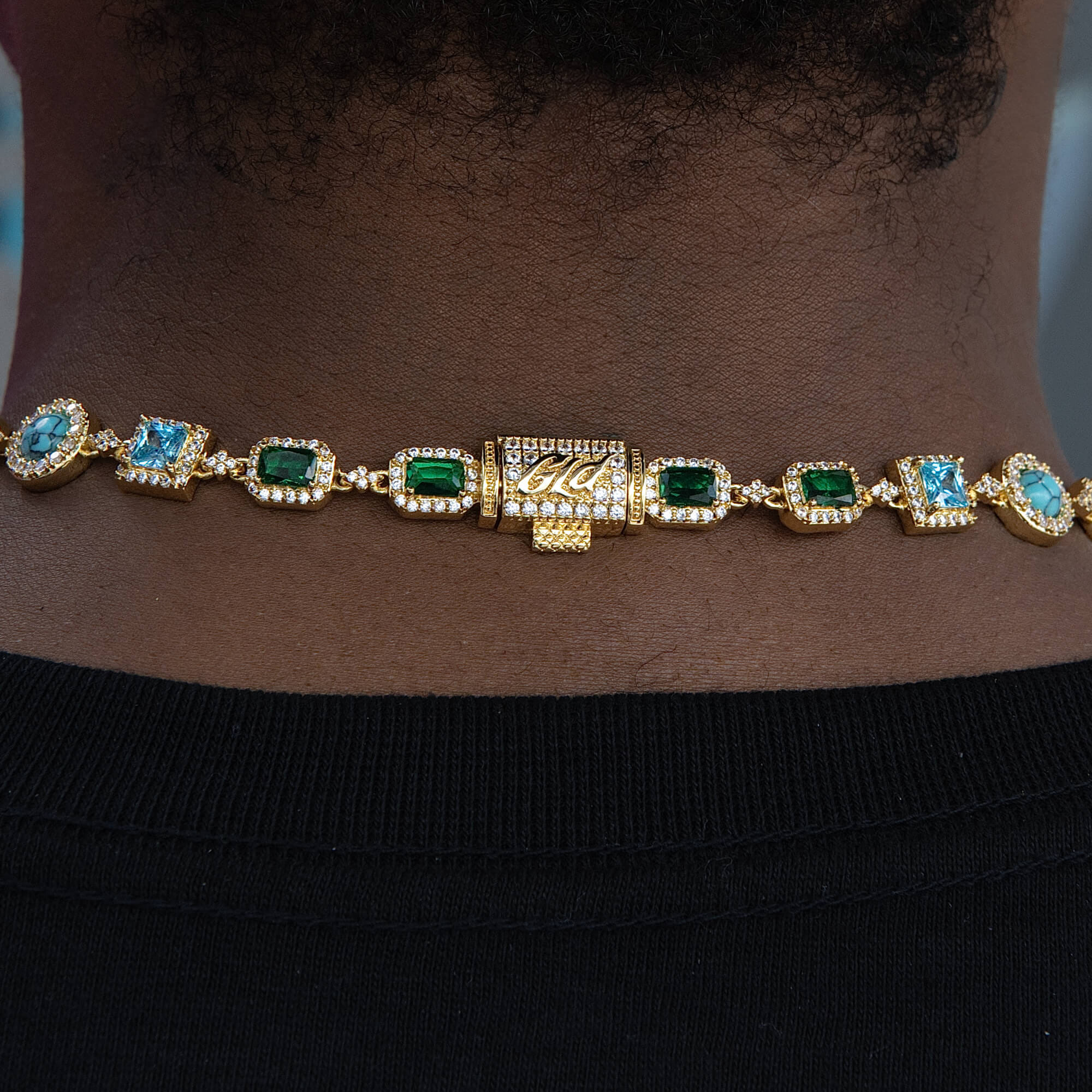 GLD Men Colored Gemstone Pearl Rosary Chain Necklace in Yellow Gold