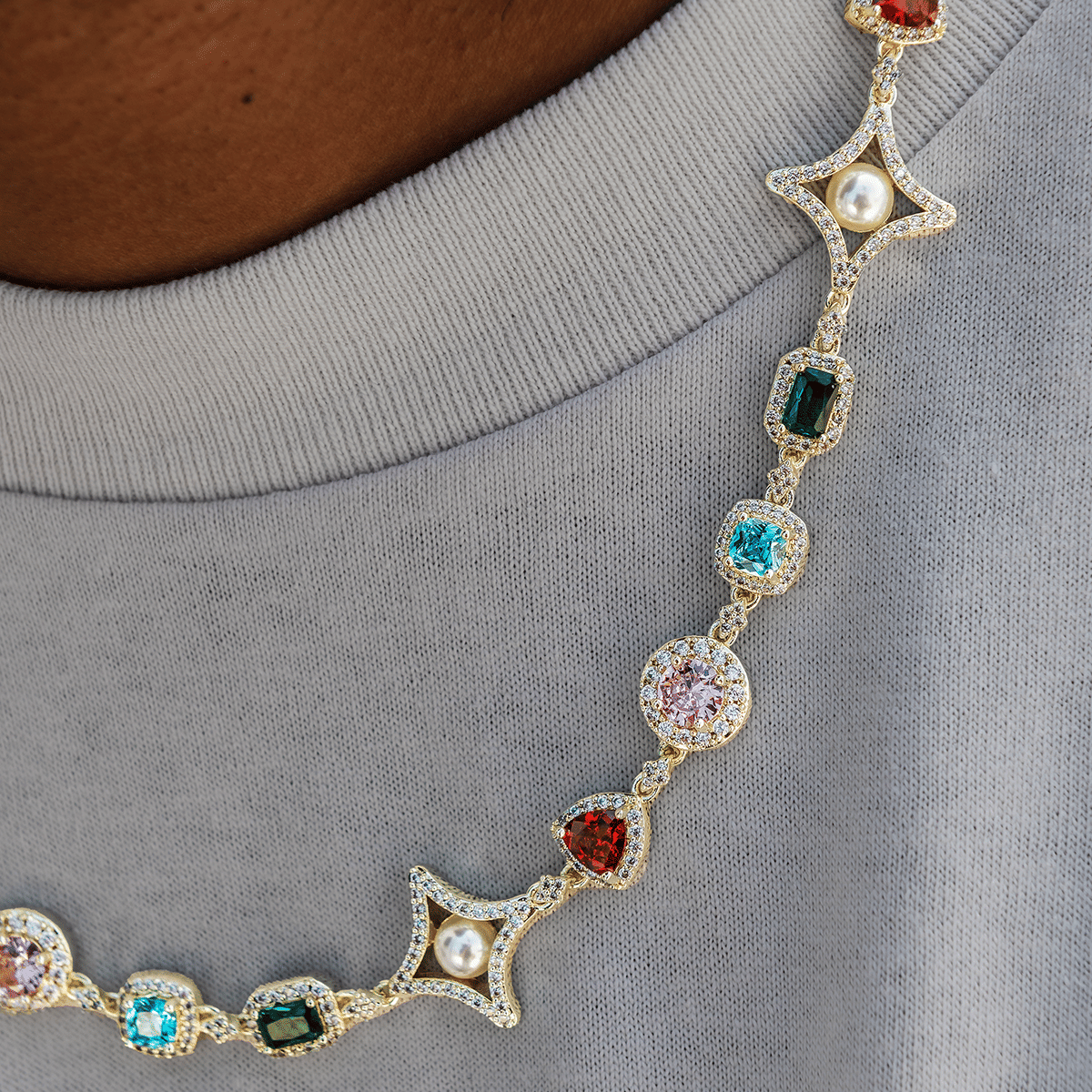 GLD Men Colored Gemstone Pearl Chain in Yellow Gold - 17 mm