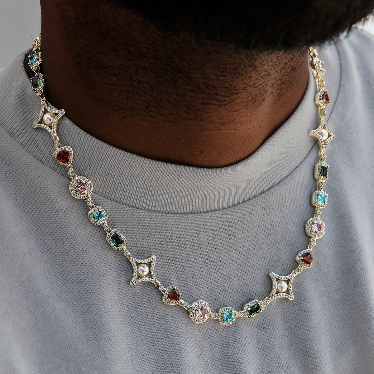 GLD Men Colored Gemstone Pearl Chain in Yellow Gold - 17 mm