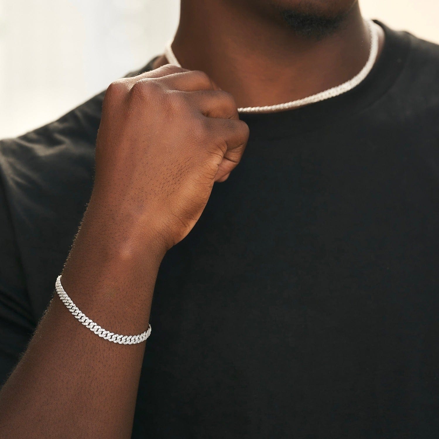 GLD Men Micro Diamond Prong Cuban Chain + Bracelet Bundle in White or Yellow Gold - 6 mm
