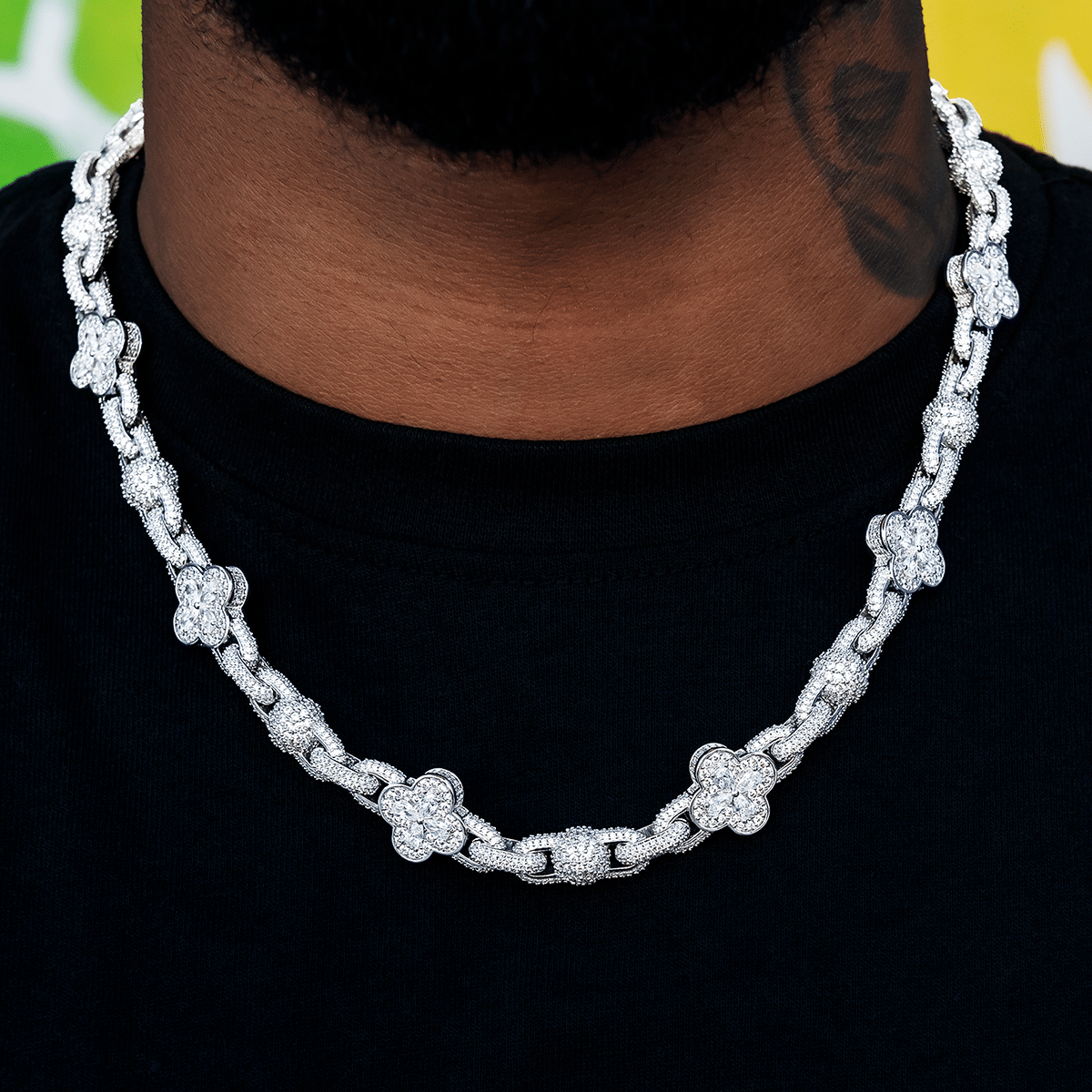 GLD PROMO Diamond Ball Clover Mariner Chain in White Gold - 10 mm